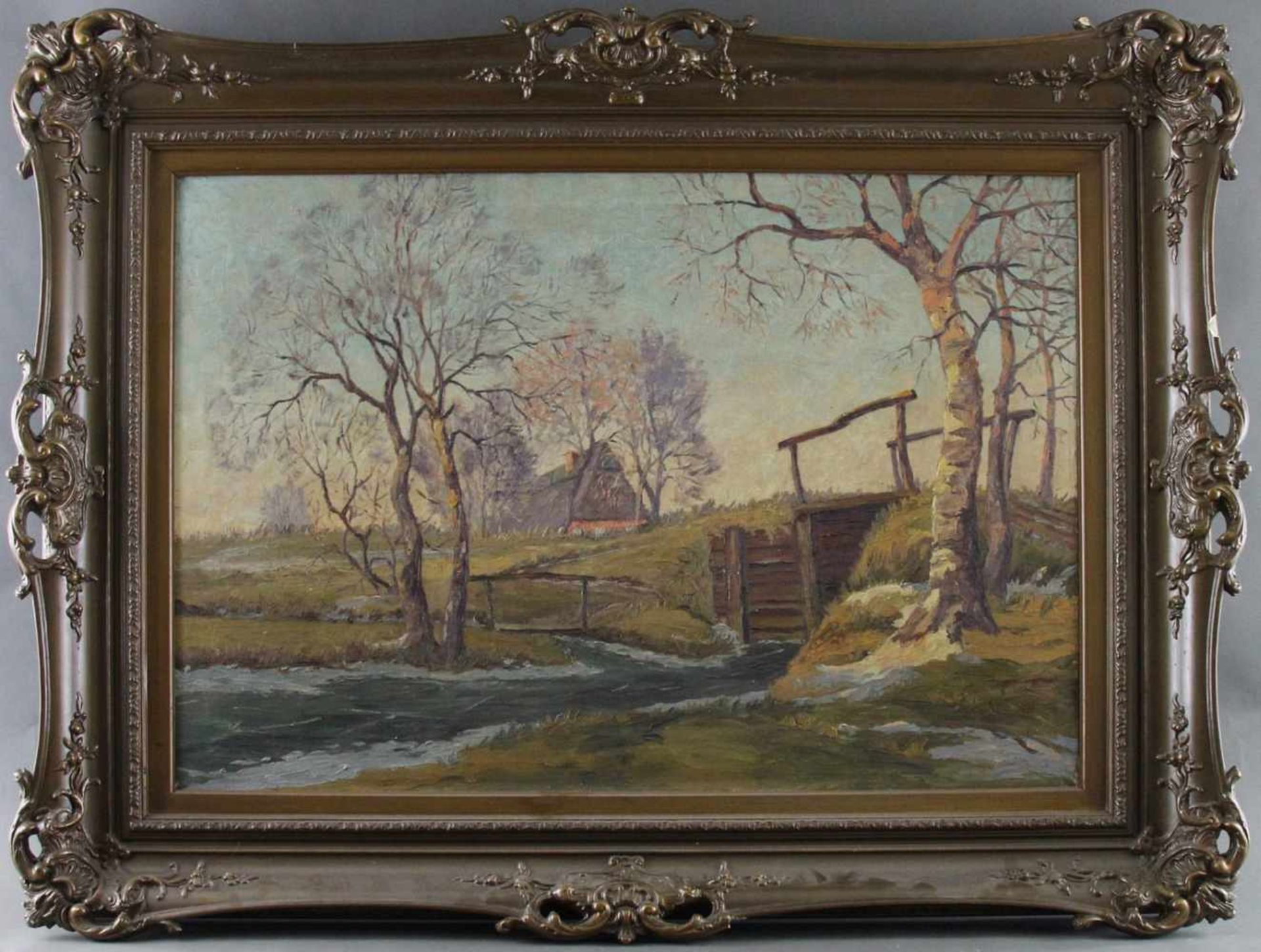 Hans Hentschke (1889 - 1969) - Öl auf Leinwand, "Vorfrühling im Worpsweder Moor mit Strohdachkate