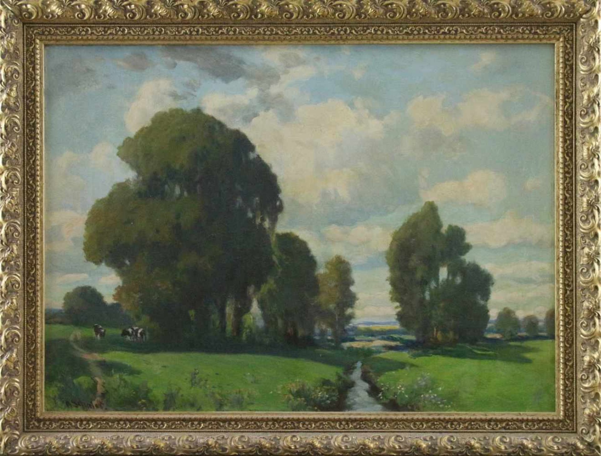 Robert Schmidt-Hamburg (1885 - 1963) - Öl auf Leinwand, "Norddeutsche Landschaft mit Kühen unter