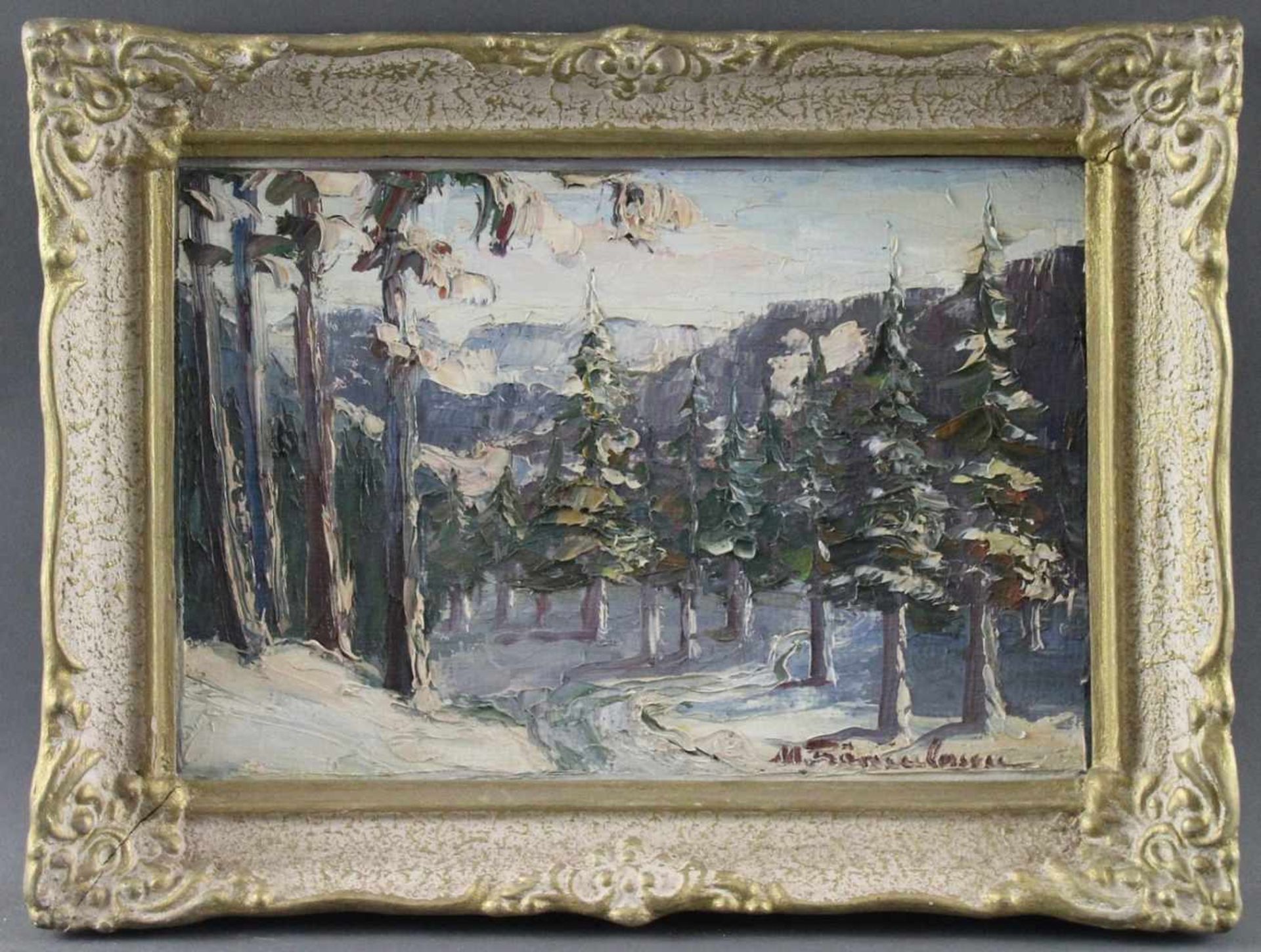 Maria Franculescu (1922 - ?) - Öl auf Malkarton, "Winter in den Tälern um Covasna", 1982, unten