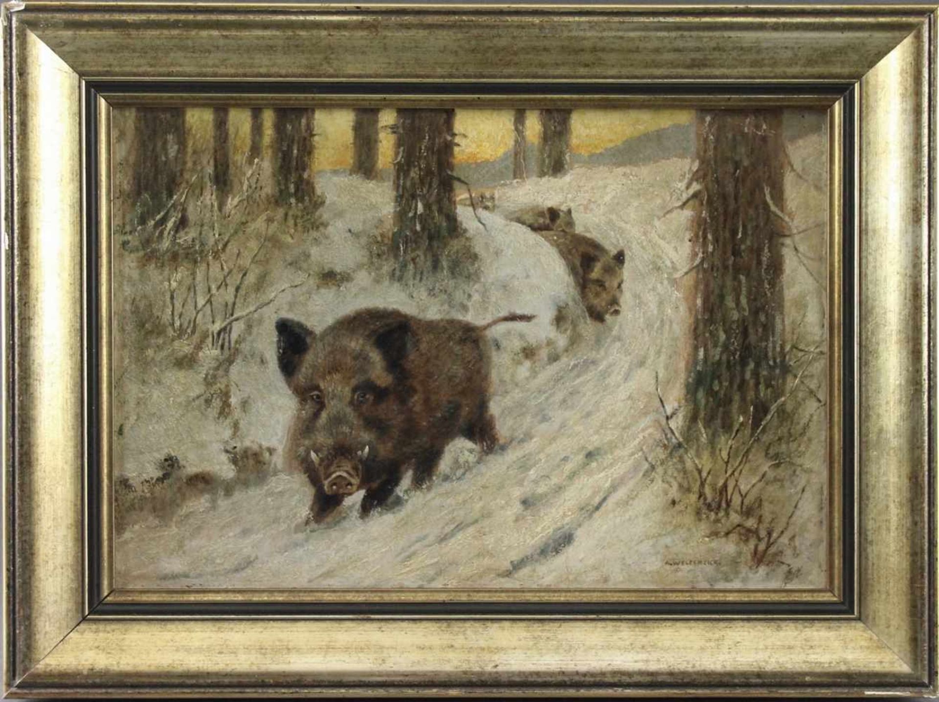 Alfred Weczerzick (1864-1952) - Öl auf Malkarton, "Wildschweine in Winterlandschaft", unten rechts