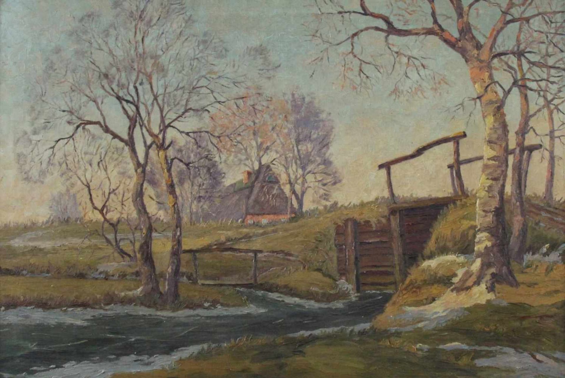 Hans Hentschke (1889 - 1969) - Öl auf Leinwand, "Vorfrühling im Worpsweder Moor mit Strohdachkate - Bild 2 aus 3