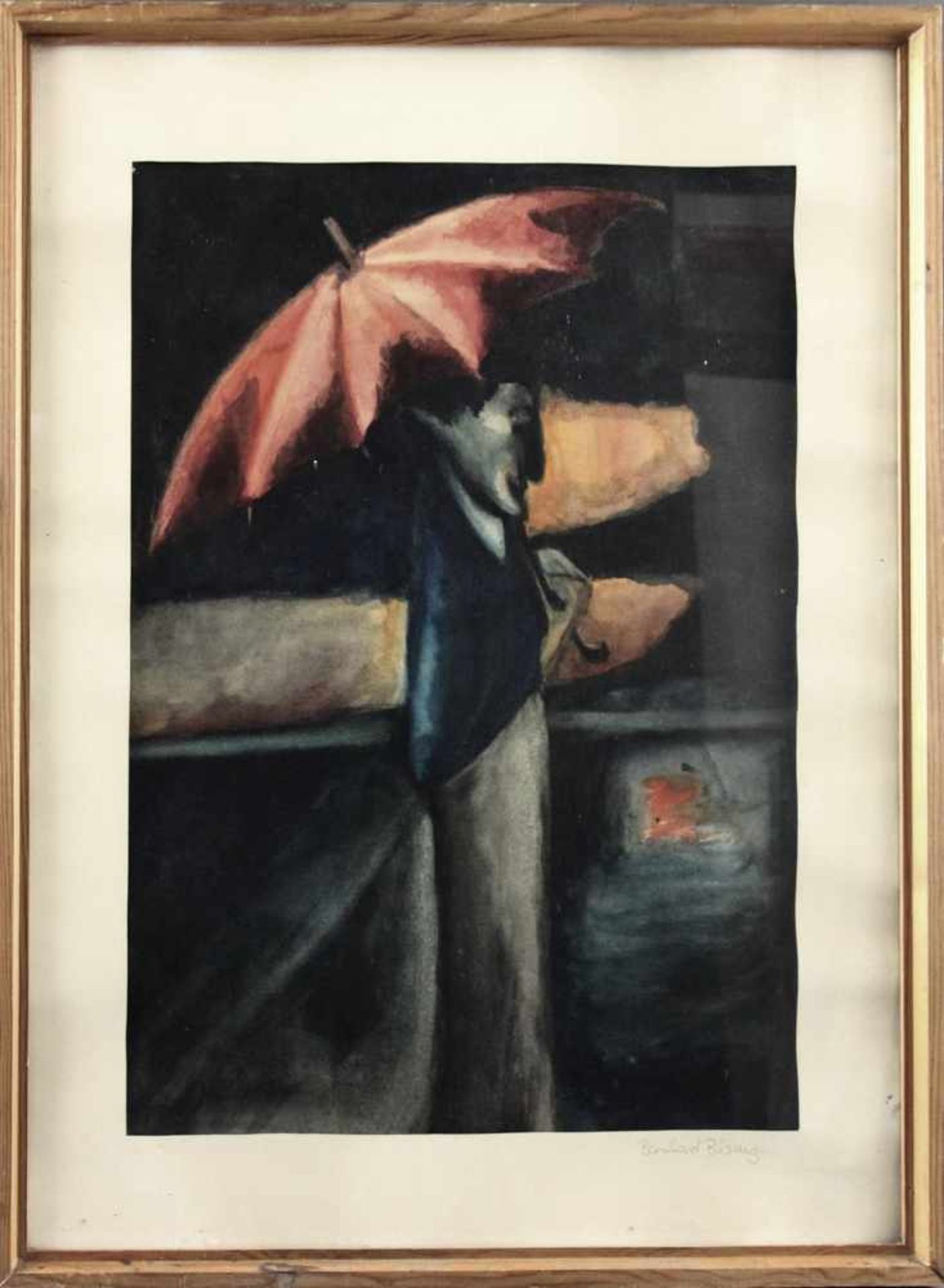 Bernhard Büsing (1939 - ?) - Aquarell auf Papier, "Figur mit rotem Schirm", unten rechts signiert,