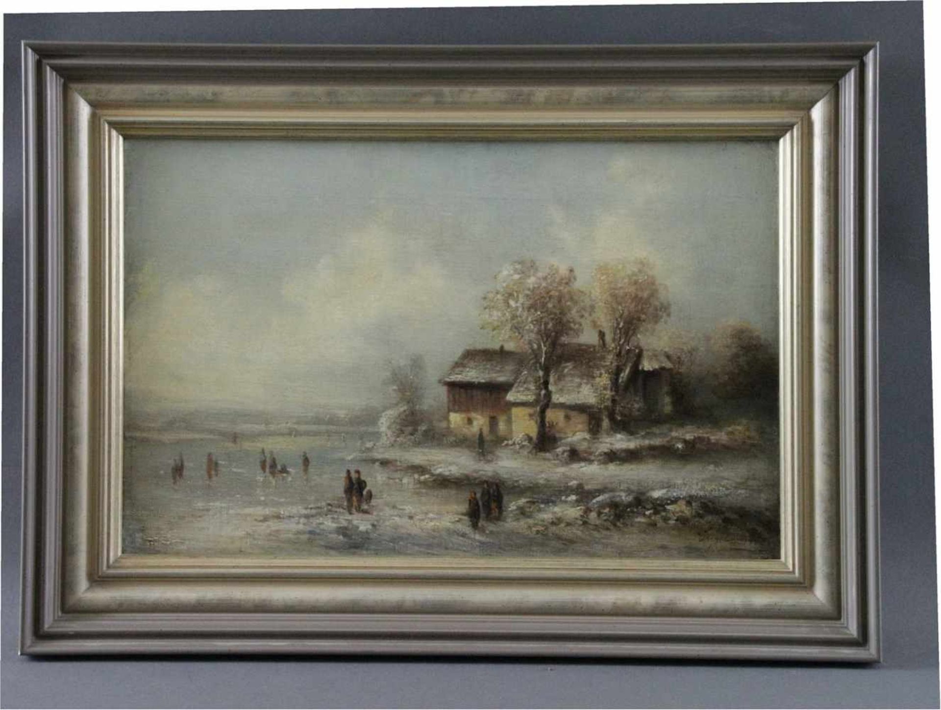 Maler (19. Jhd.) - Öl auf Leinwand, "Winterliche Landschaft mit Personen auf dem Eis", guter