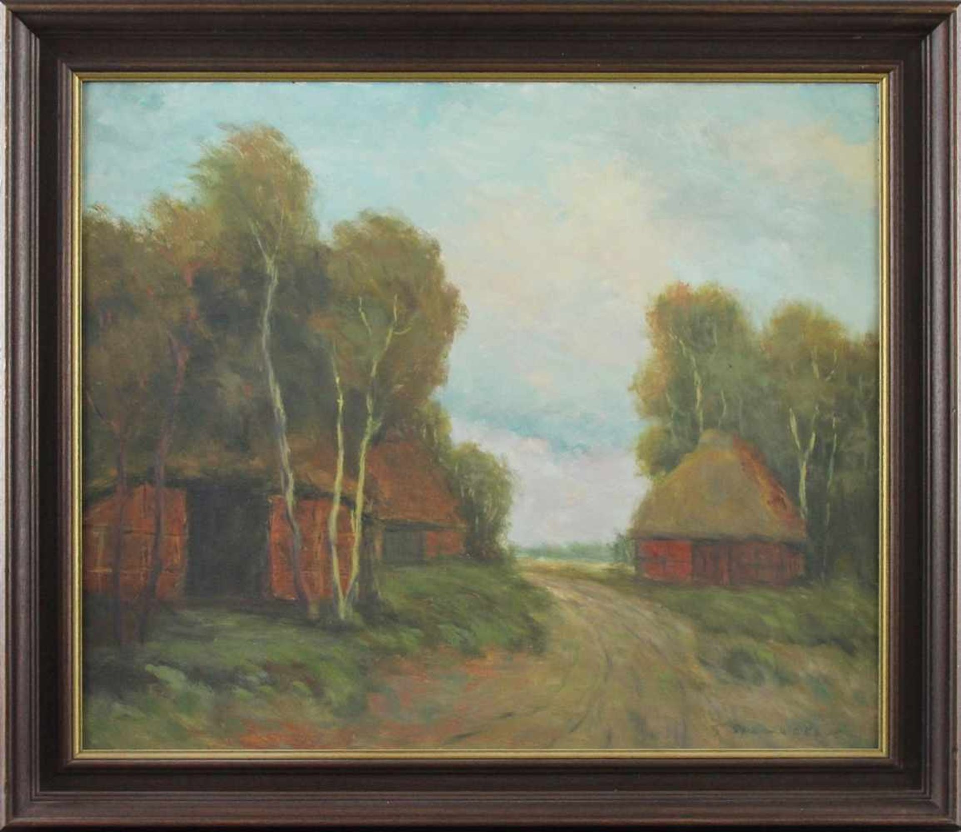 Feodor Szerbakow (1911 - 2009) - Öl auf Hartfaserplatte, "Bauernkaten mit Gehölze - Birken im