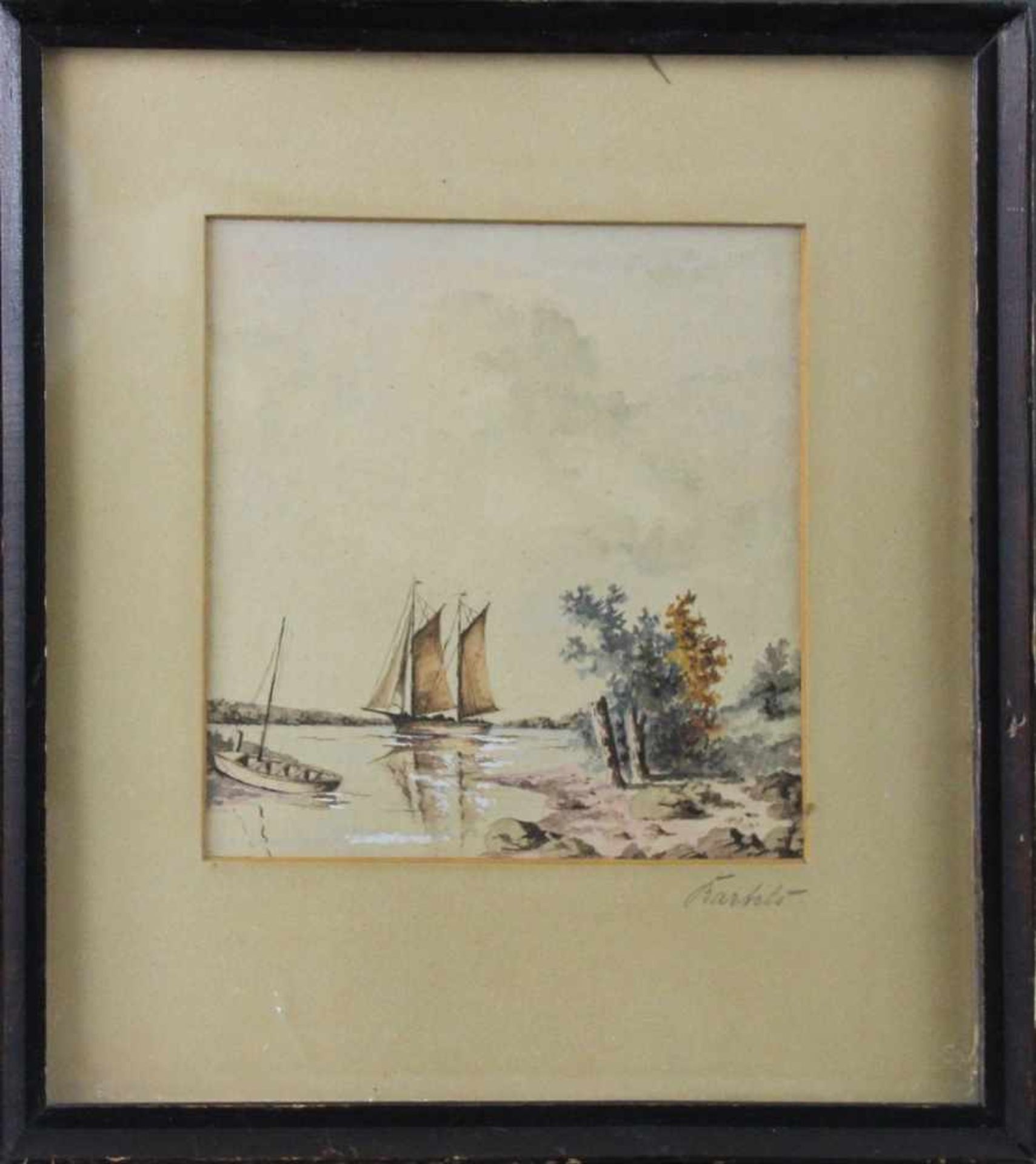 Hans von Bartels (1856 - 1913) wohl - Aquarell auf Papier, "Flußlandschaft mit Booten", unten rechts