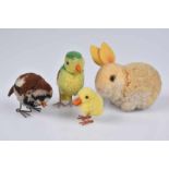 STEIFF 4 Wollminiaturen, 2x Vogel, Entenküken, Hase, Z 1-2