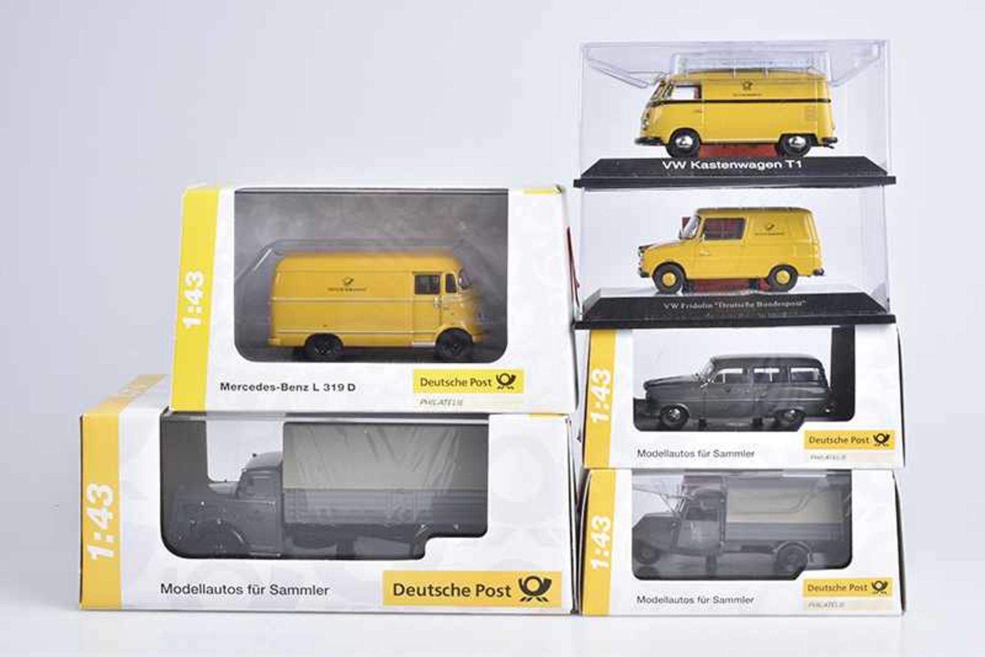 Konvolut Schuco "Edition Deutsche Post" 6 Modellautos, Metall, M 1:43, Mercedes-Benz L 319 D,