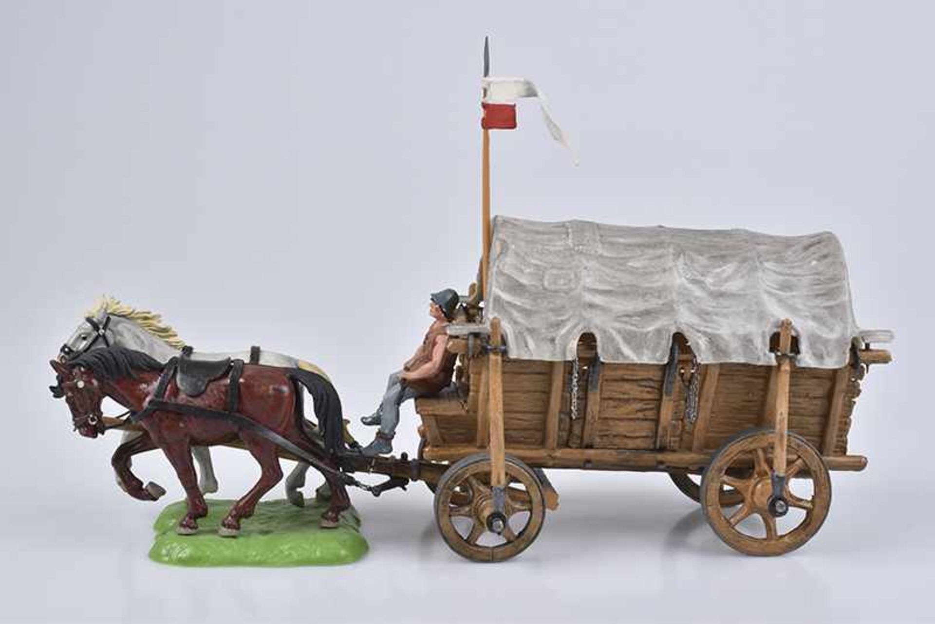 ELASTOLIN Planwagen mit Pferdegespann, Normannen Kampfwagen, K.h., 7cm, BVII, 1 Kutscher, linkes