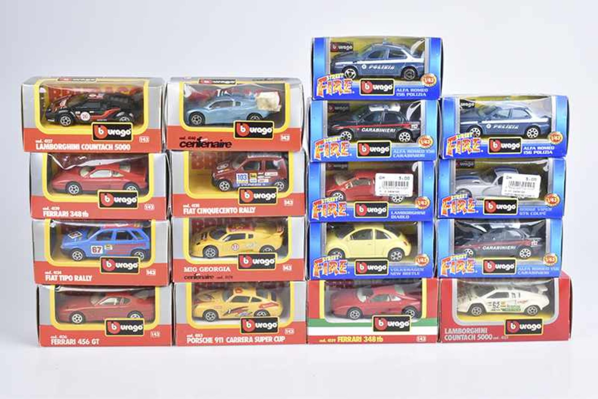 BURAGO 17 Modellautos, Metall, Kunststoffteile, M 1:43, darunter Fiat Cinquecento Rally, Lamborghini