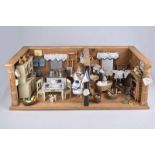 Puppenküche / Waschküche, massives Holzgehäuse, 94x40x33 cm, trapezförmig, Durchgang, komplett