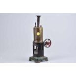 Dampfmaschine, H 30,5 cm, stehender Messing-Kessel, KD 6 cm, feststehender Zylinder, Brenner, Guss-