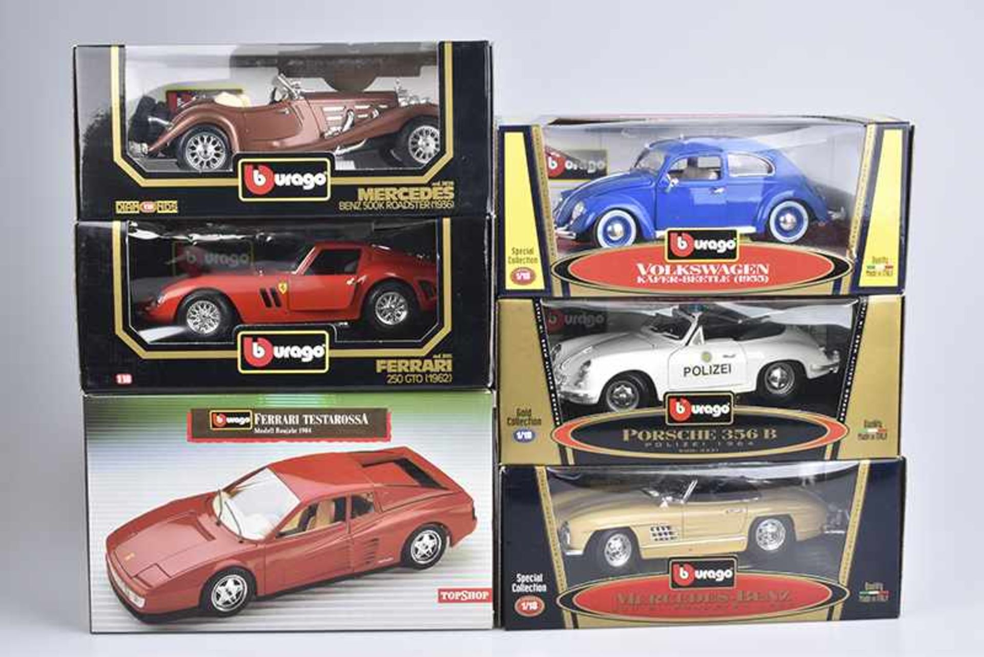 BURAGO 6 Modellautos, Metall, Kunststoffteile, M 1:18, Ferrari 250 GTO (1962), Volkswagen Käfer-
