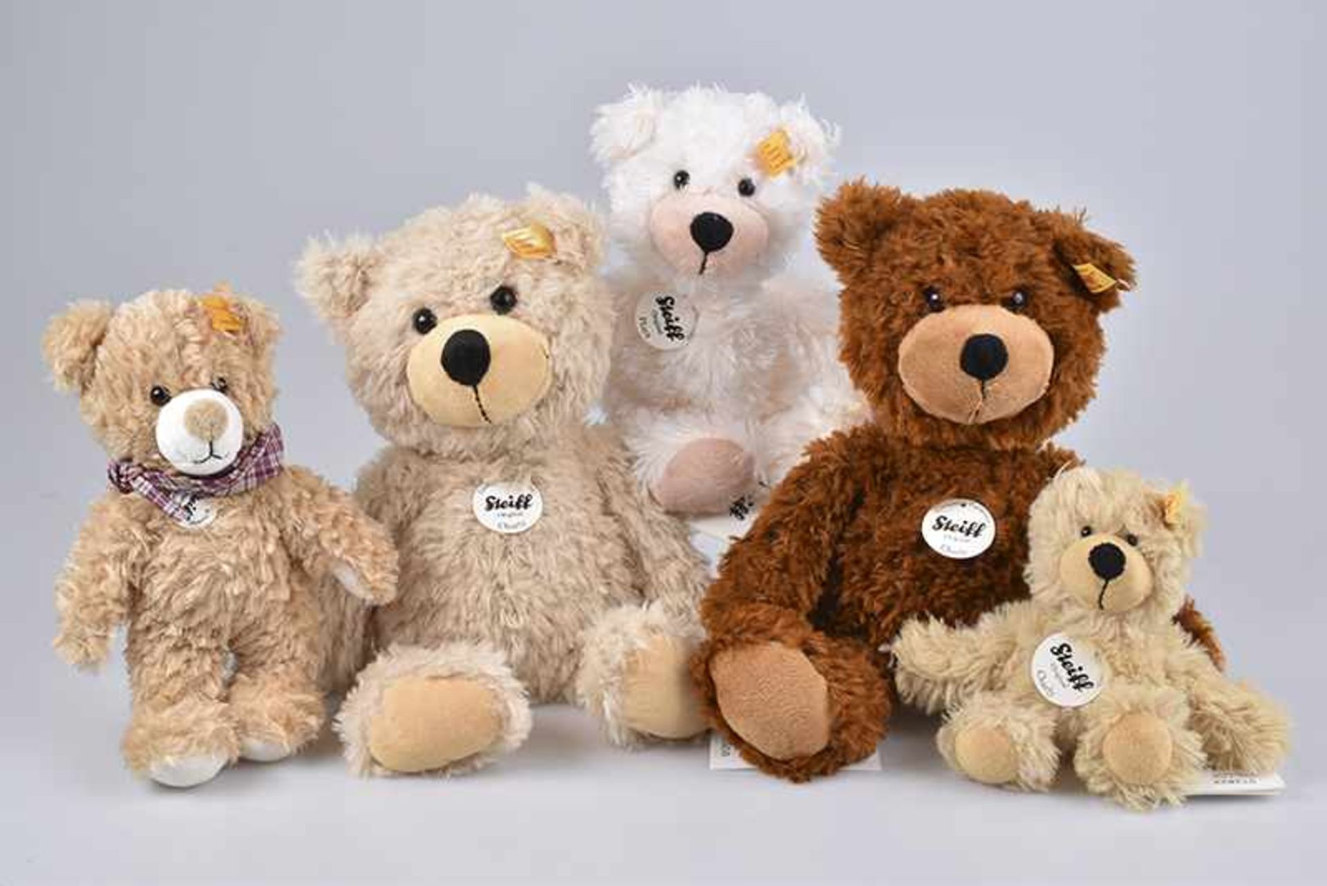 STEIFF 5 Teddybären, Plüsch, "Charly", KFS, Nr. 012808, beige, "Luise", KFS, Nr. 022982, beige, "