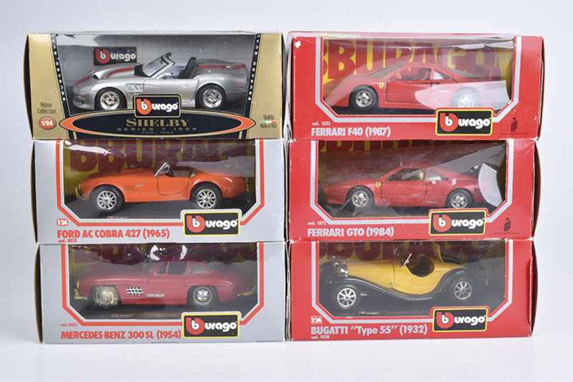 BURAGO 6 Modellautos, Metall, Kunststoffteile, M 1:24, Ferrari GTO (1984), Ford AC Cobra 427 (1965),