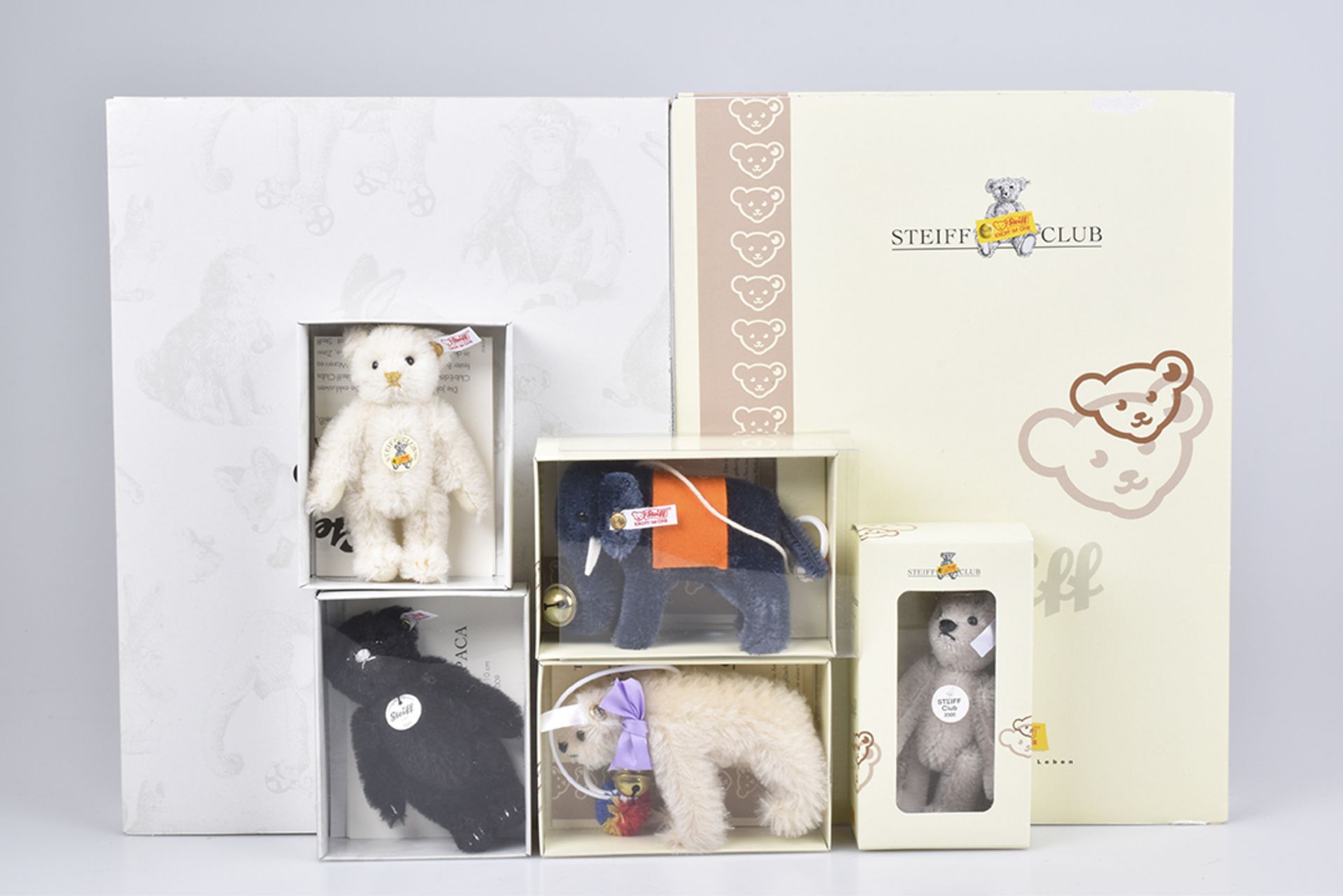 STEIFF 6 Club GeschenkeKF, 3x Teddys, 2005, 2008, 2009, 1x Polarbär, 2006, Elefant, 2007, Z 1+,