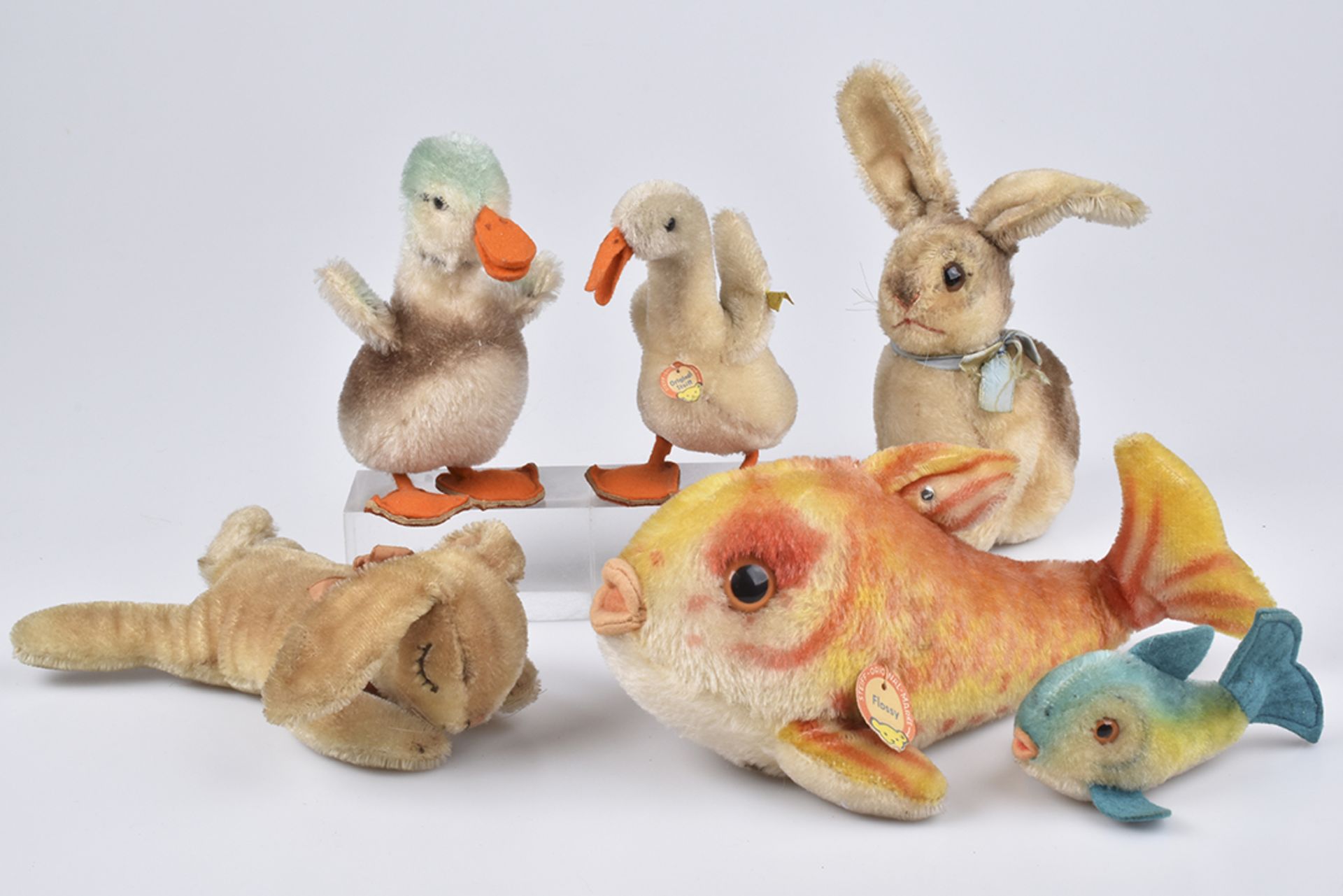 STEIFF 6 Tiere1960-80, Flossy mit Knopf und Schild, Flossy, Ente, Floppy Hansi, Sonny Hase, Gans