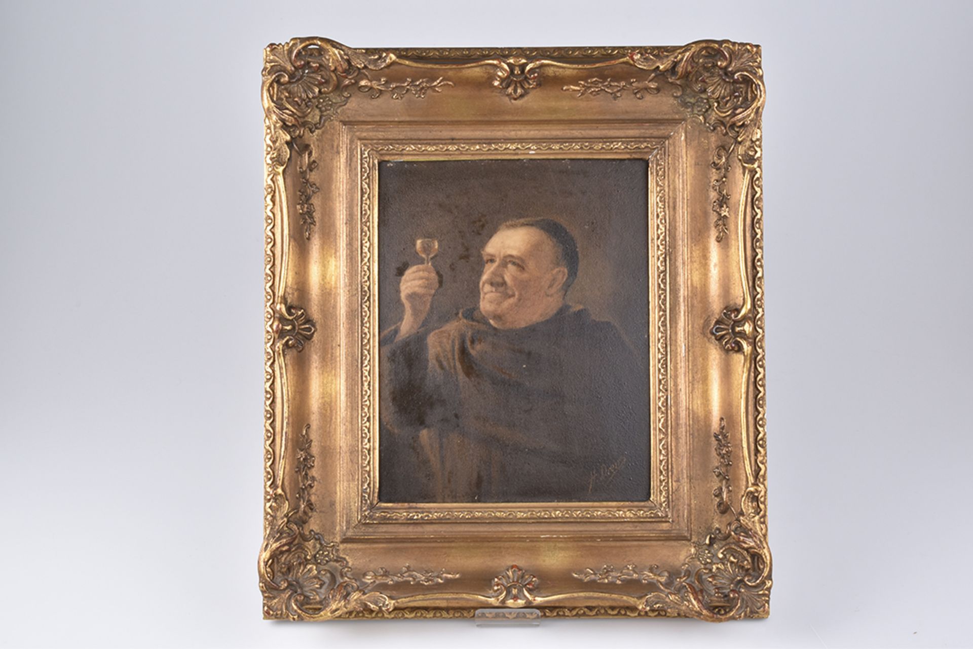 H.DREWS Mönch mit WeinglasÖl auf Platte, 30 x 23,5 cm, 20.Jh., nach einem Gemälde von Richard