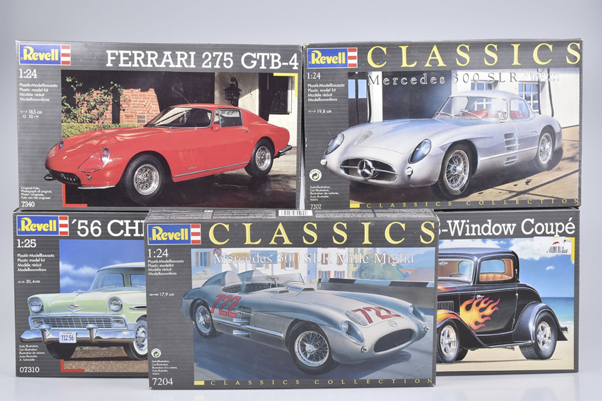 REVELL 5 BaukästenHp, M 1:25, 7340 Ferrari 275 GTB-4,, 07310 '56 Chevy Nomad, 07306 '32 Ford 3-