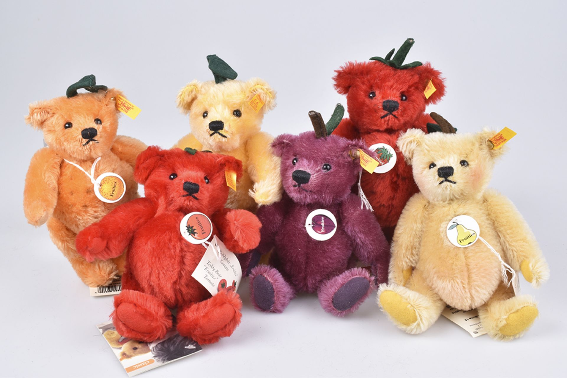 STEIFF 6 Fruities TeddysErdbeere, Birne, Orange, Tomate, Pflaume, Zitrone, KFS, Mohair, 5-fach