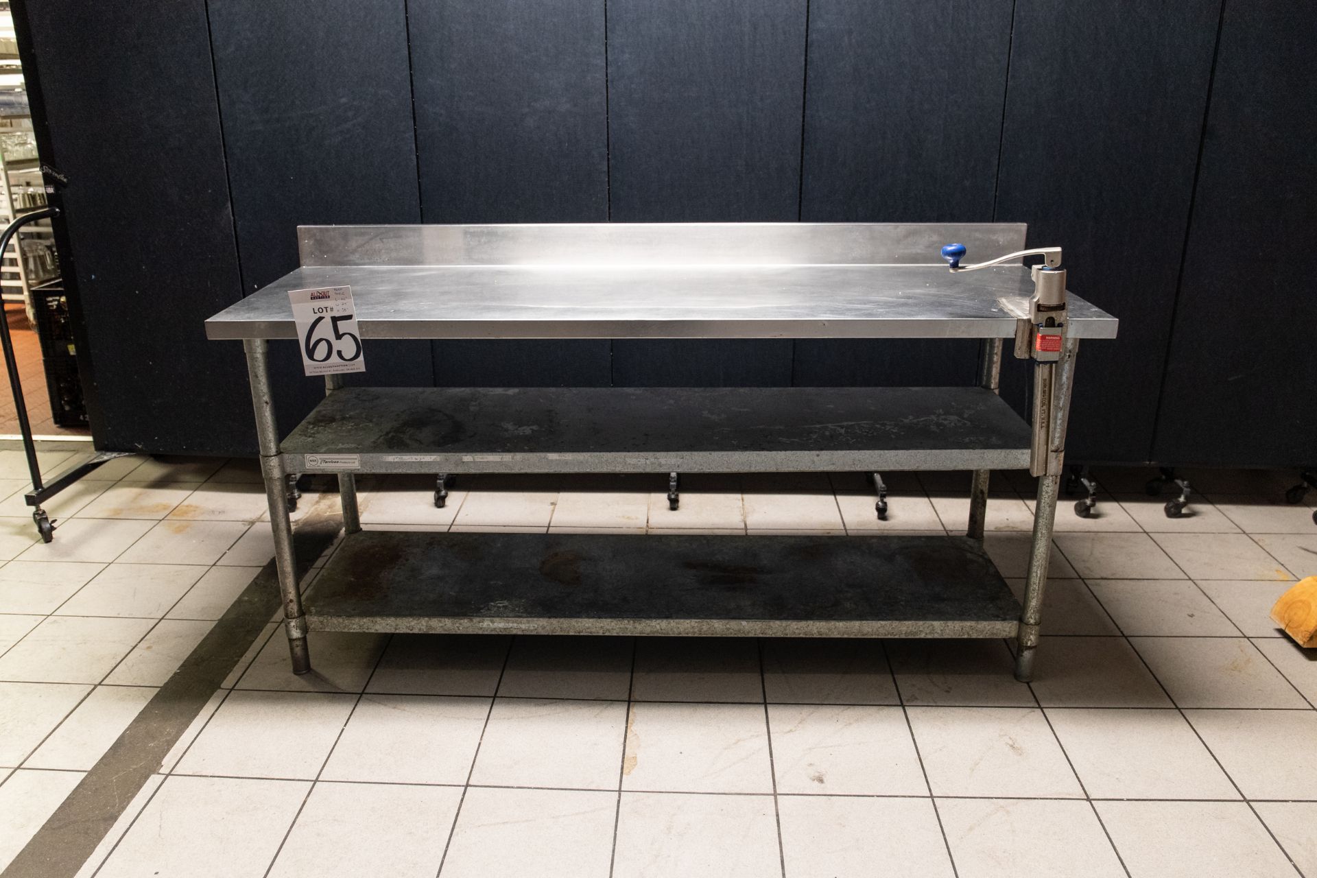 S.S TOP THREE SHELVE PREP TABLE WITH CAN OPENER H-38" L- 72" W-24"