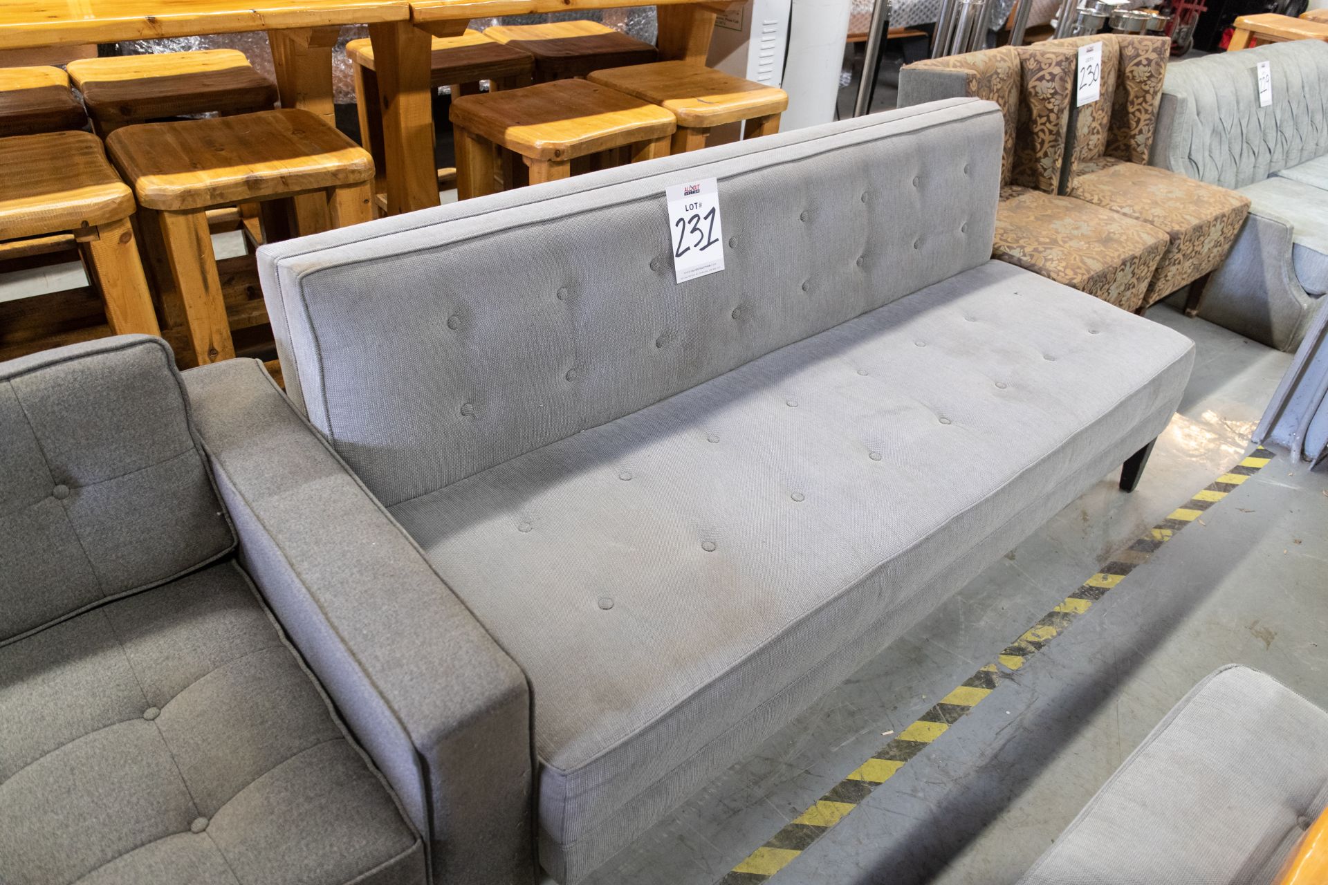 UPHOLSTERED COUCH (DAMAGED LEGS)H-35" W-74" D-34"