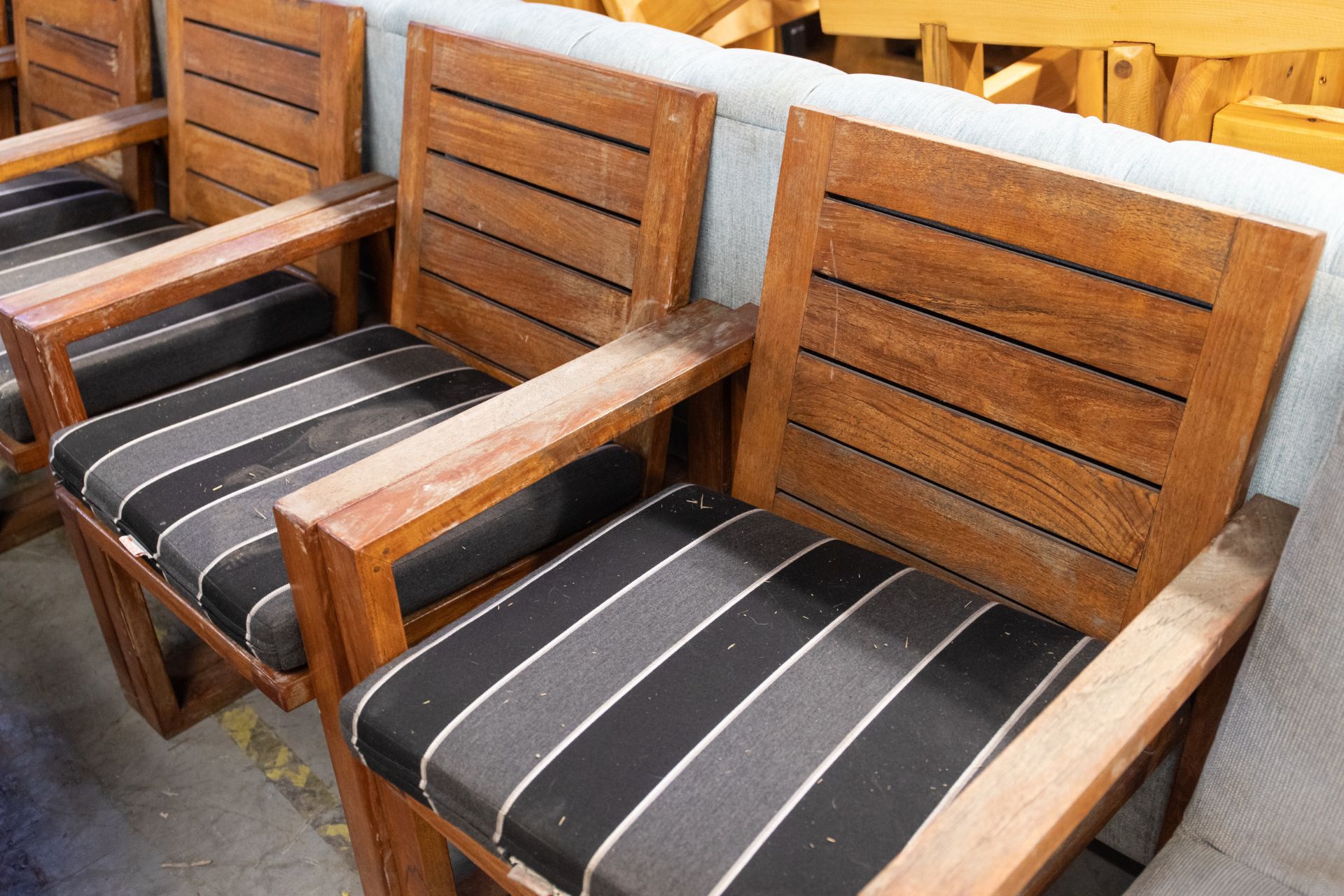 6 TEAK OUTDOOR ARM CHAIRS WITH CUSHIONS