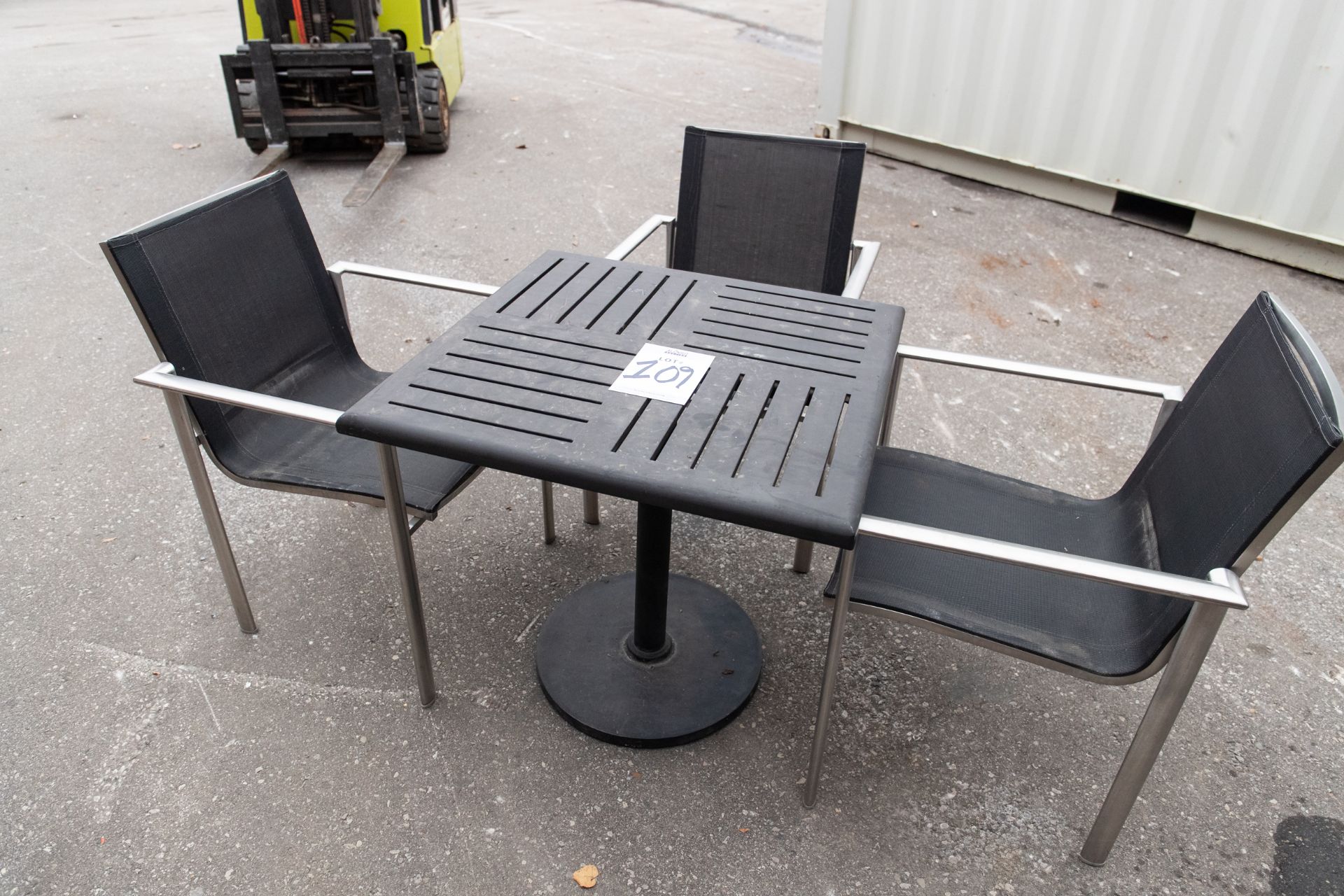 BLACK OUTDOOR PATIO TABLE WITH 3 CHAIRS