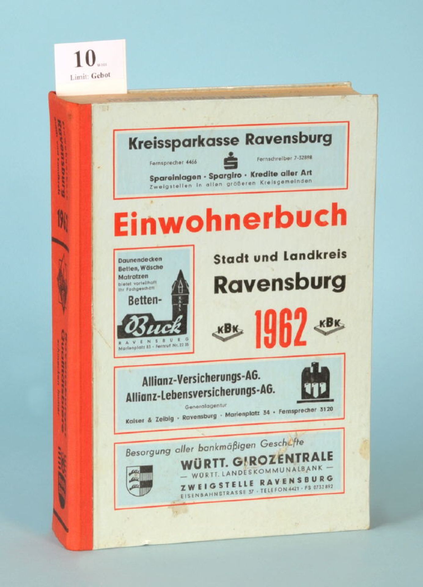 Einwohnerbuch Stadt und Landkreis Ravensburg 1962738 S., KBK-Vlg., Karlsruhe, 1962, KtE/LnR, l.Gsp.