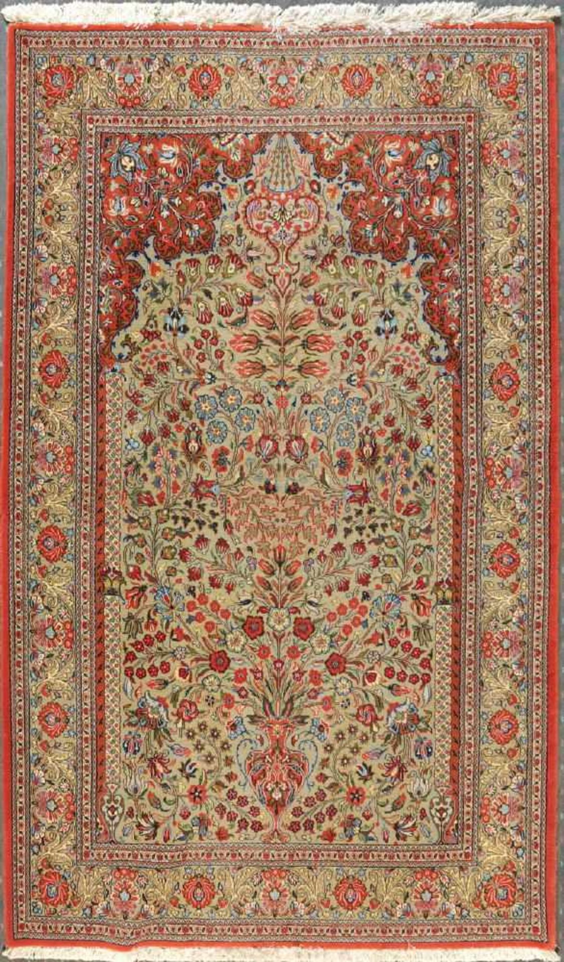 Gebets-Kork-Ghoum, Persien, 136 x 204 cmälter, Korkwolle, sehr feine Knüpfung, hellgrüngrundig,