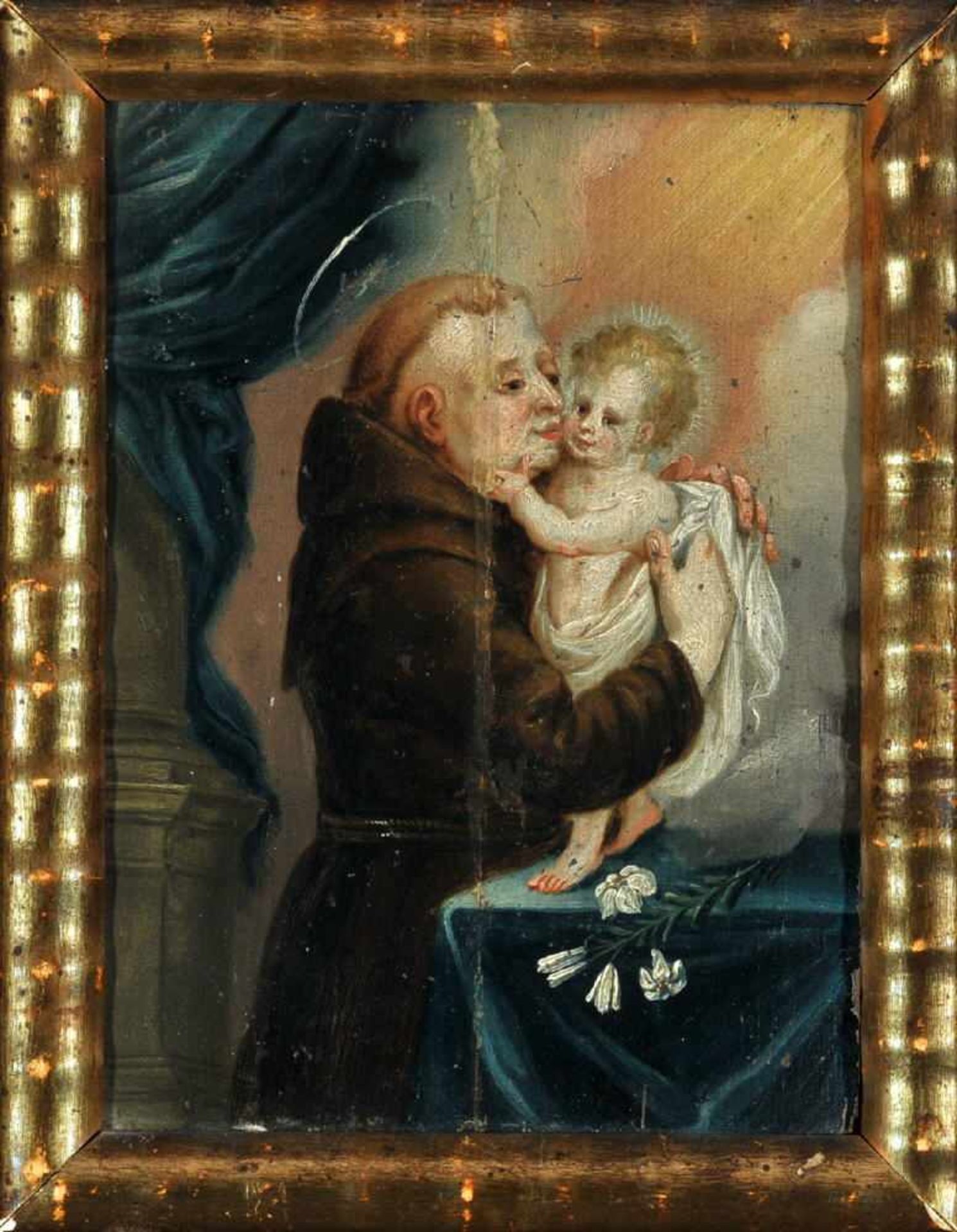 Bildnismaler des 19. Jh.Öl/Holz, 19,5 x 14 cm, " Hl. Antonius ", restaur. Riss