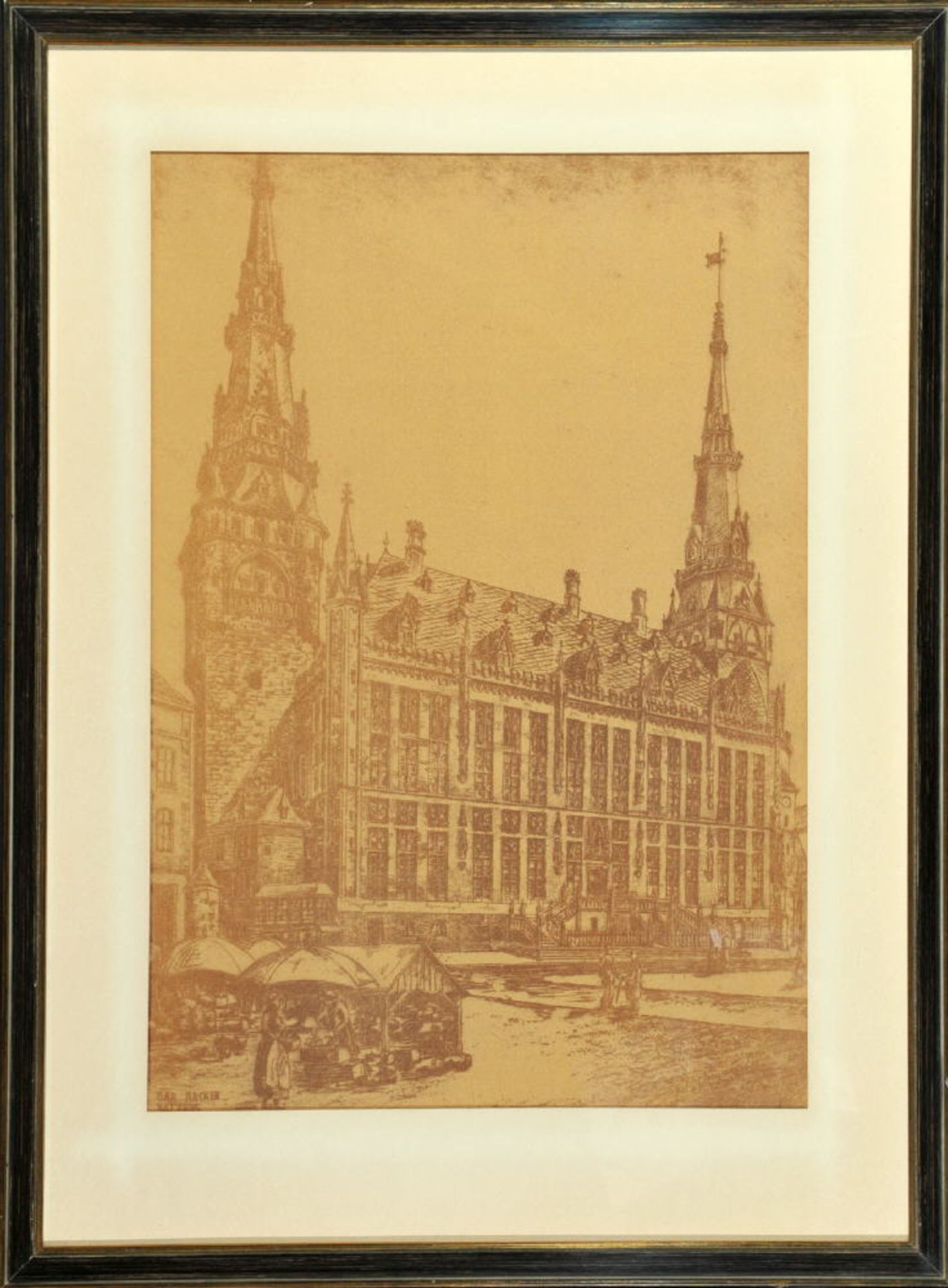 Aachen, Ansicht des RathausesLithographie, 66,5 x 46,5 cm, 20. Jh., R