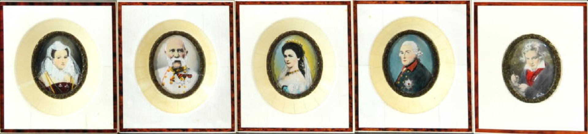 Miniaturmaler des 20. Jh.5 Gouachen-Aquarelle, oval, je ca. 4,5 x 3,5 cm, " Berühmte