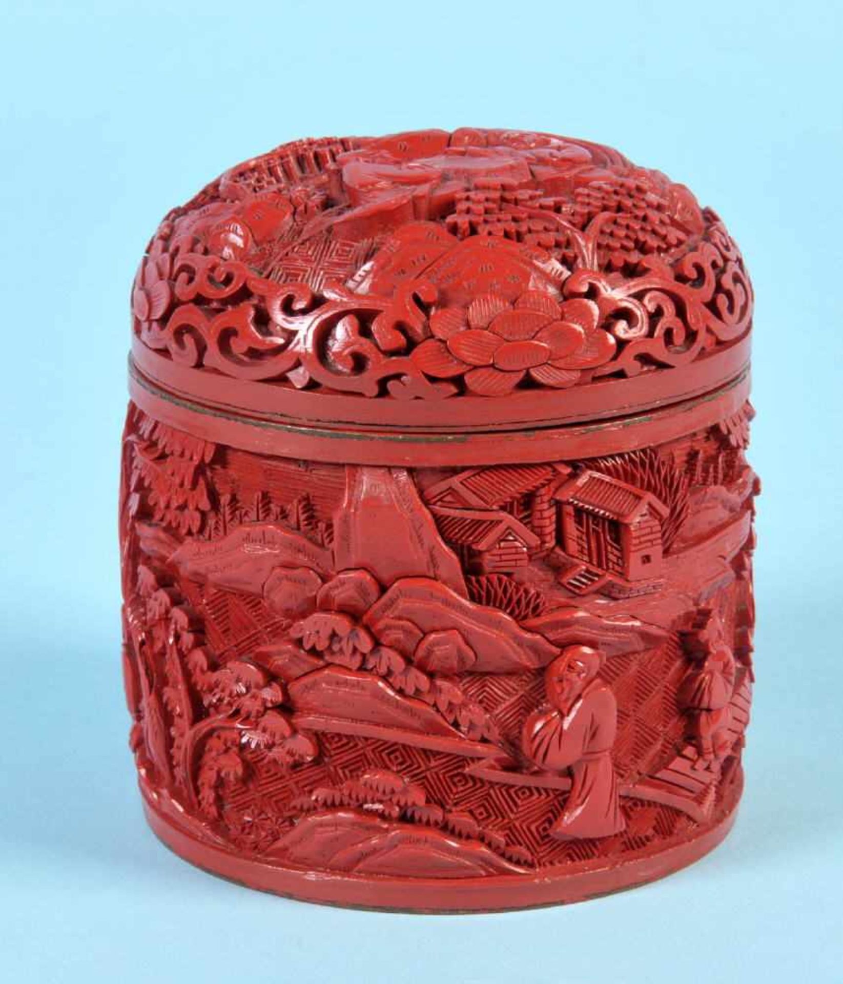 DeckeldoseMetall, geschnitztes Rotlack-Dekor mit Landschafts- u. Personenmotiven, H= 9 cm, China