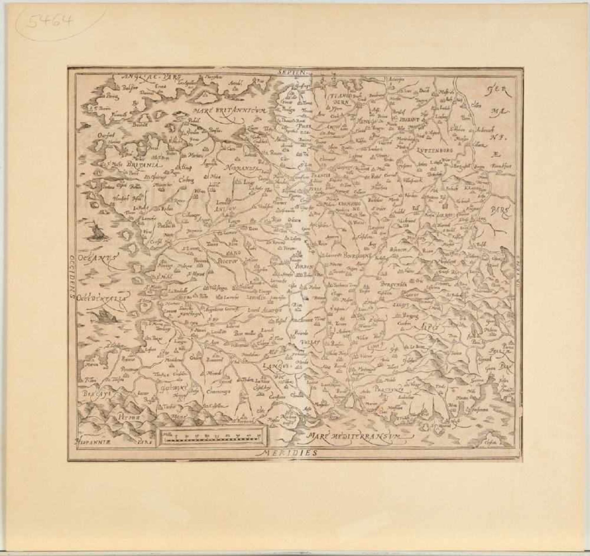 Landkarte "Frankreich"Holzschnitt, 30,5 x 36 cm, von Seb. Münster, 16. Jh., gebräunt, P