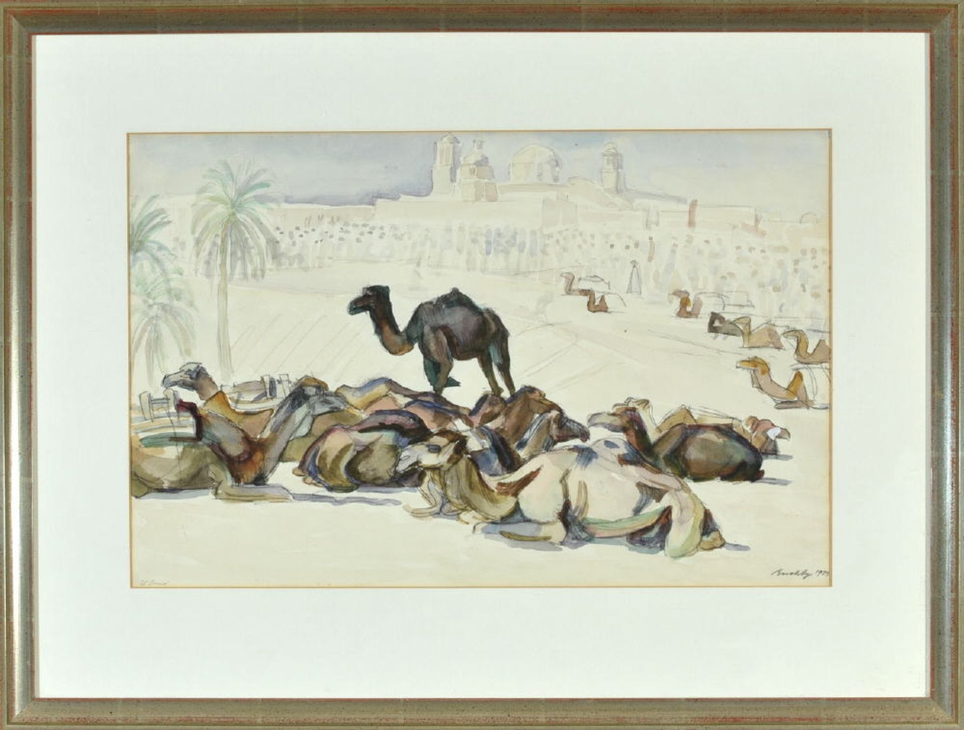 Buchty, Josef, 1896 Aachen - 1966 Garmisch-PartenkirchenAquarell, 30 x 45,5 cm, " Rastende Kamele