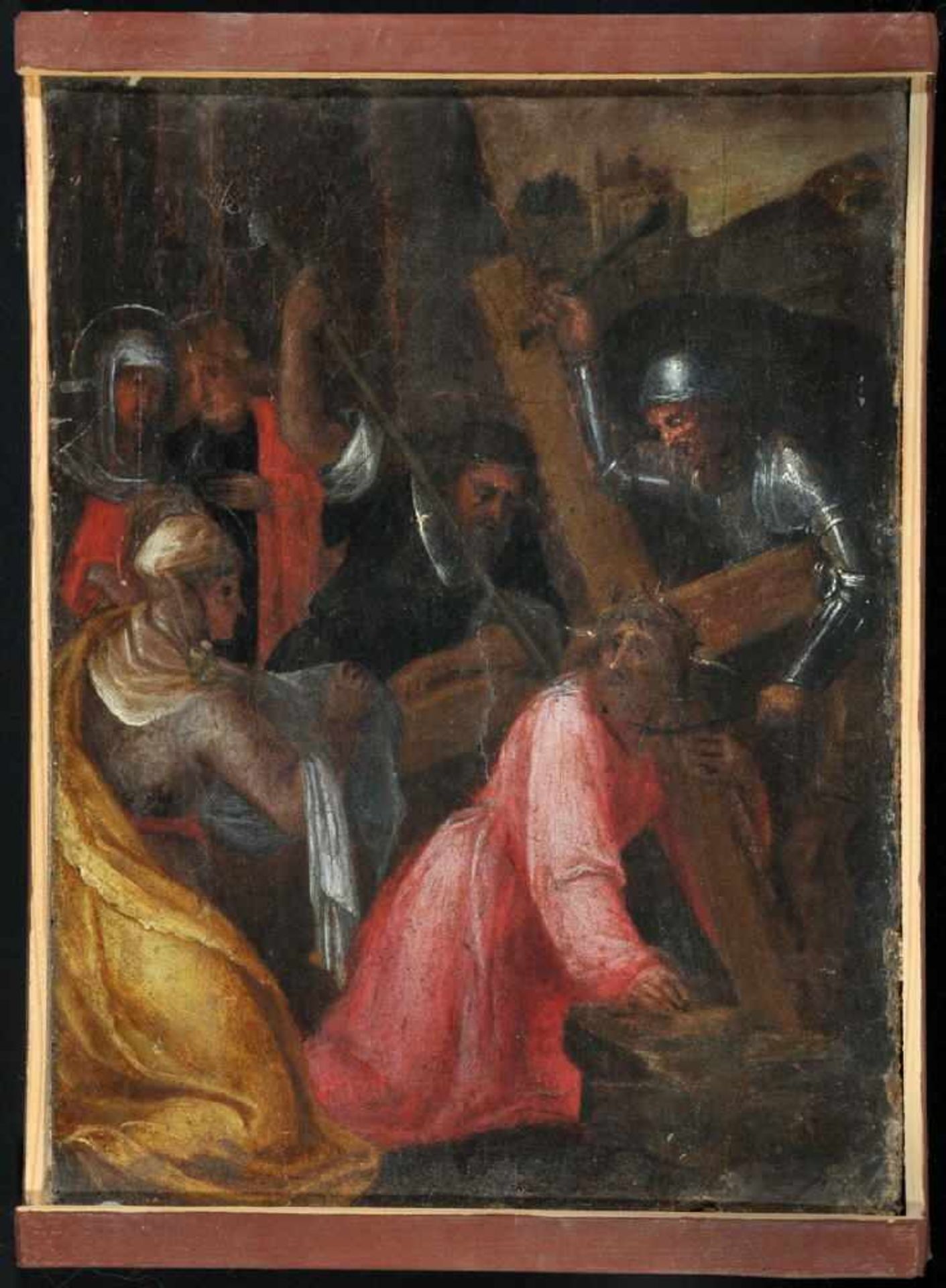 Bildnismaler des 19. Jh.Öl/Lwd, doubl., 32 x 23,5 cm, " Veronika reicht Jesus das Schweisstuch "