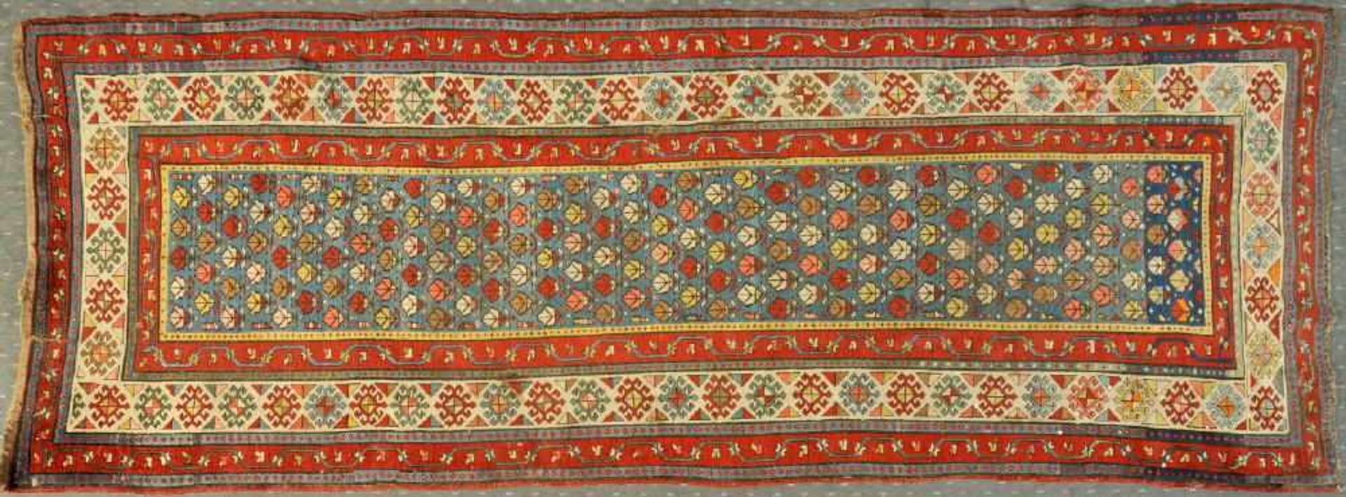 Kasak-Galerie, Kaukasus, 97 x 274 cmantik, Wolle, Pflanzenfarben, blaugrundig, durchgemustert mit
