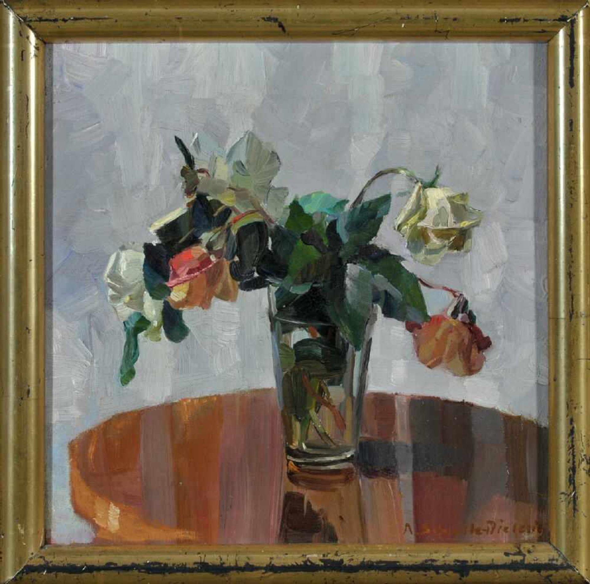 Schmitz-Dietrich, Agnes, Küntlerin des 20. Jh.Öl/Lwd, 35 x 35 cm, " Rosen in einer Glasvase ", u.