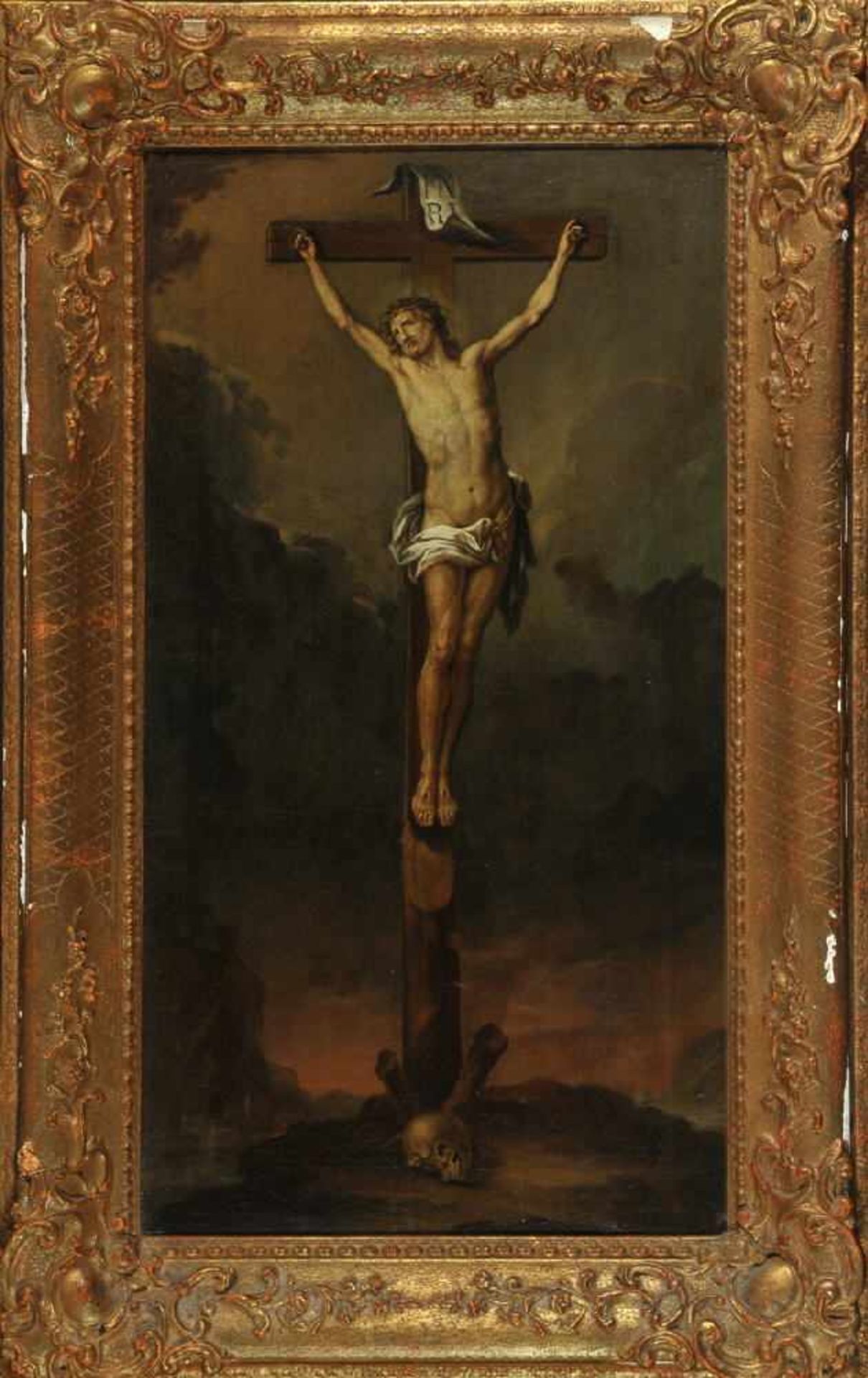 Bildnismaler des 19. Jh.Öl/Lwd, doubl., 67 x 37 cm, " Christus am Kreuz "