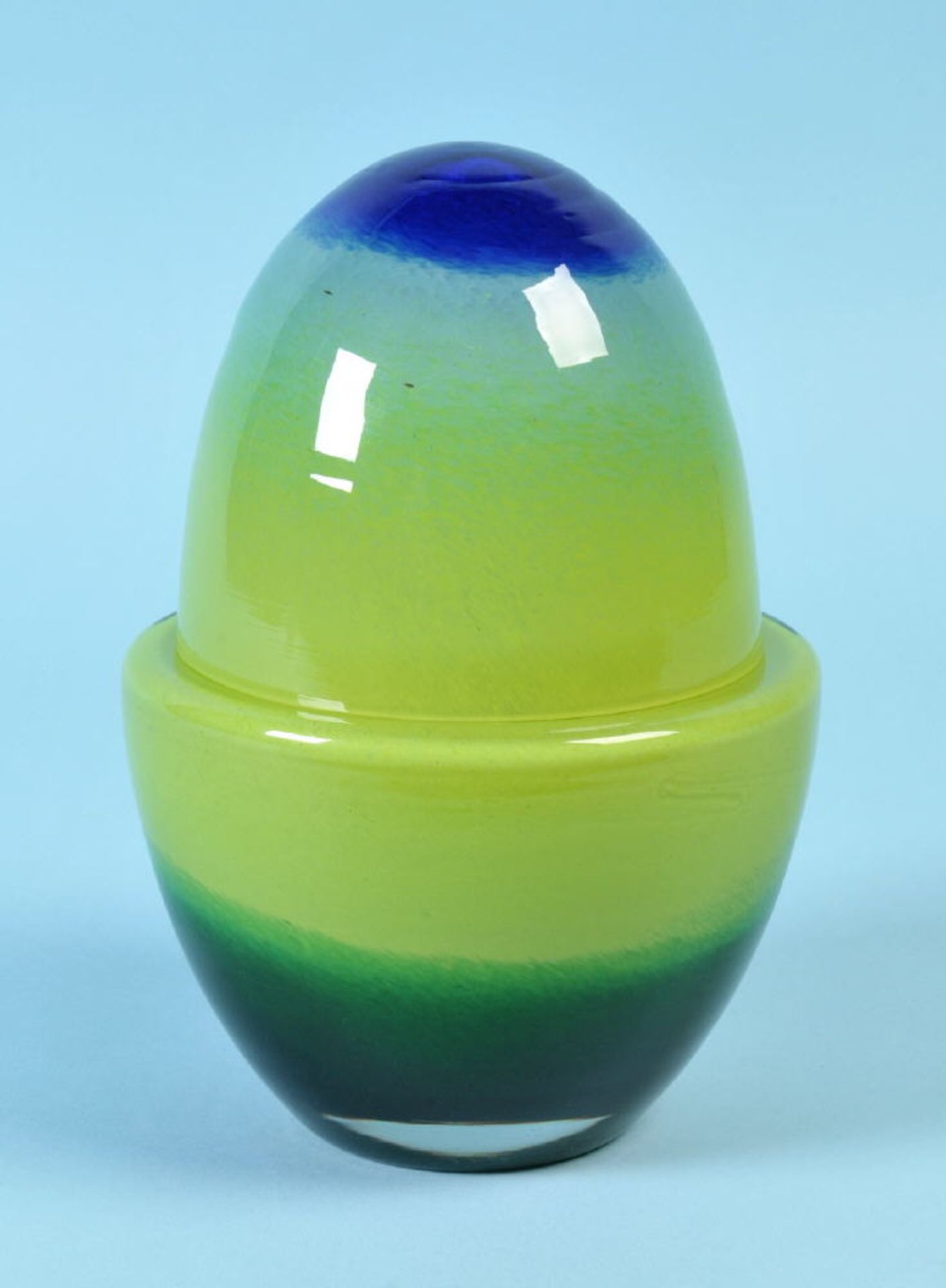 Deckeldose "Rosenthal, Studio-Line"farbloses Glas, mehrfarbig unterfangen, Eiform, H= 22 cm