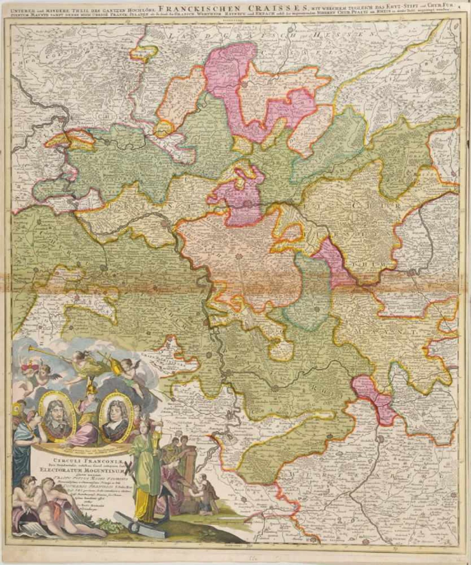 Landkarte "Franken"Kupferstich, handcolor., 55,5 x 48,5 cm, von Homann, 18. Jh., leicht gebräunt