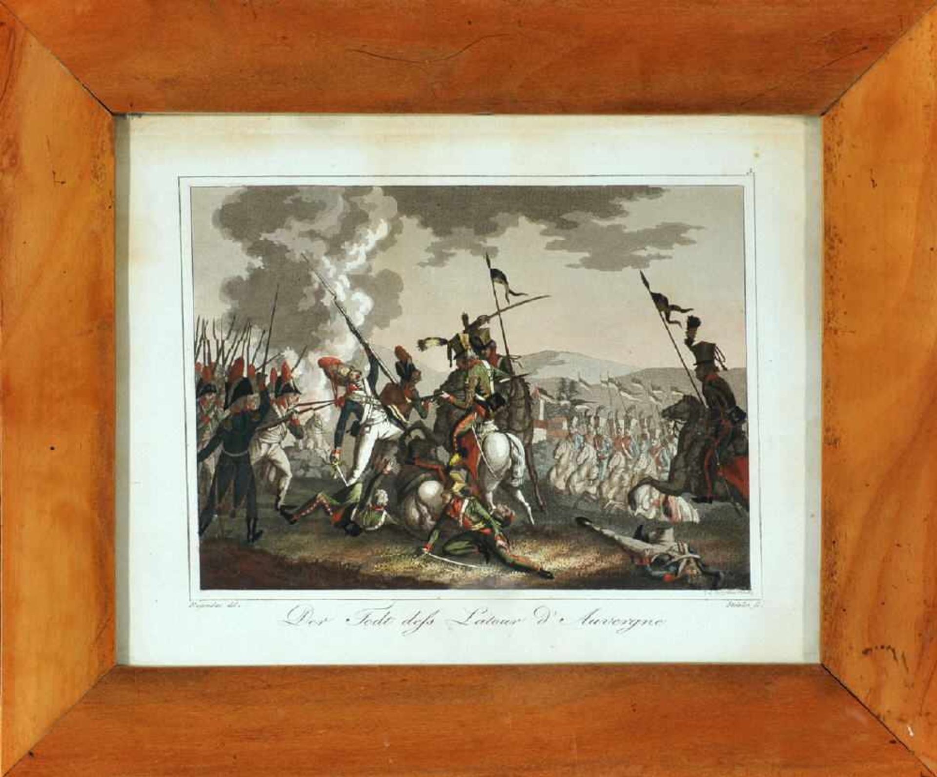Lithographie, 19. Jh.handcolor., 13 x 17,5 cm, betit. " Der Todt deß Latour d'Auvergne ", von