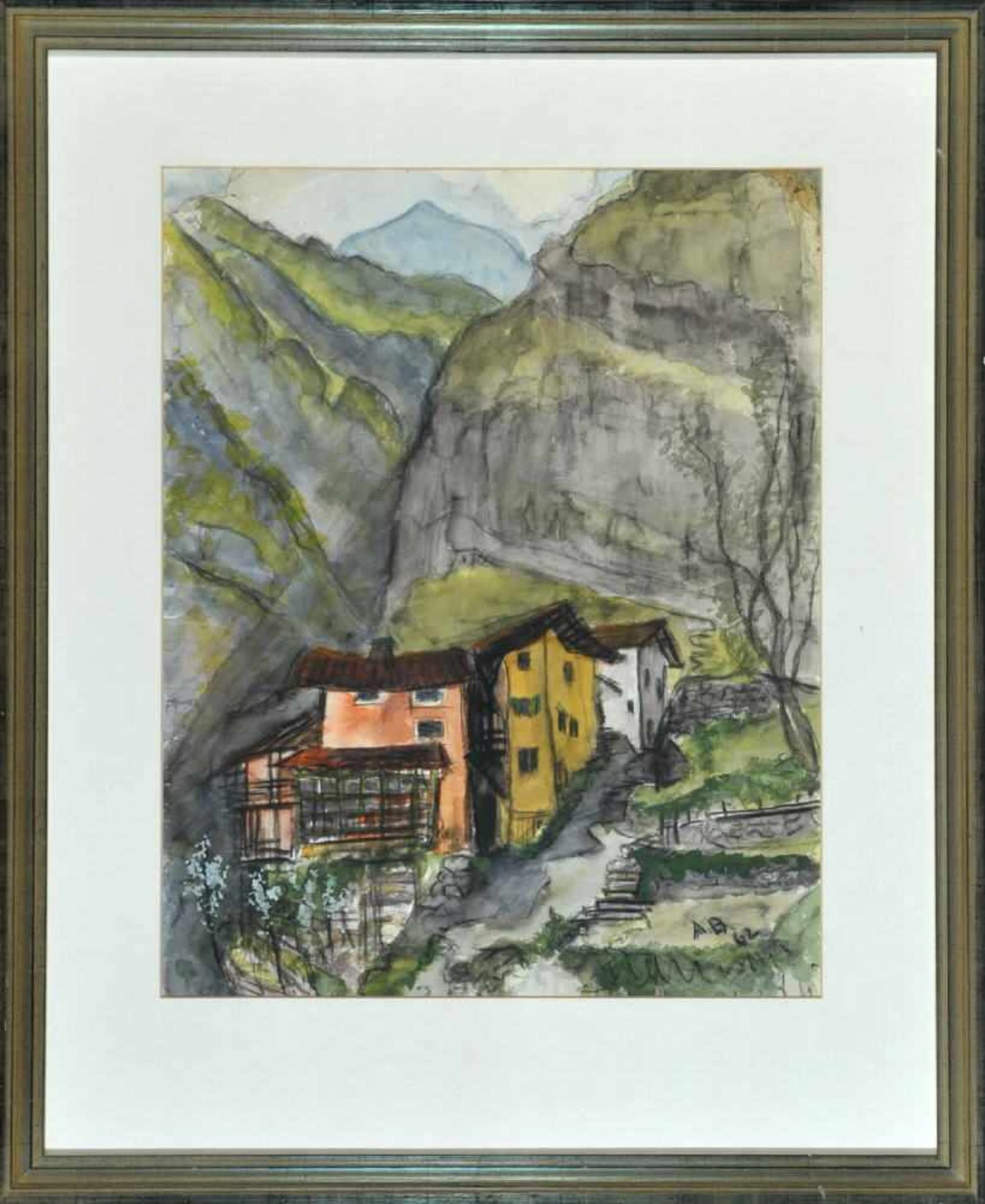 Baumeister, Albert, Künstler des 20. Jh.Aquarell, 59 x 47 cm, " Blick auf ein Gebirgsdorf ", u.r.