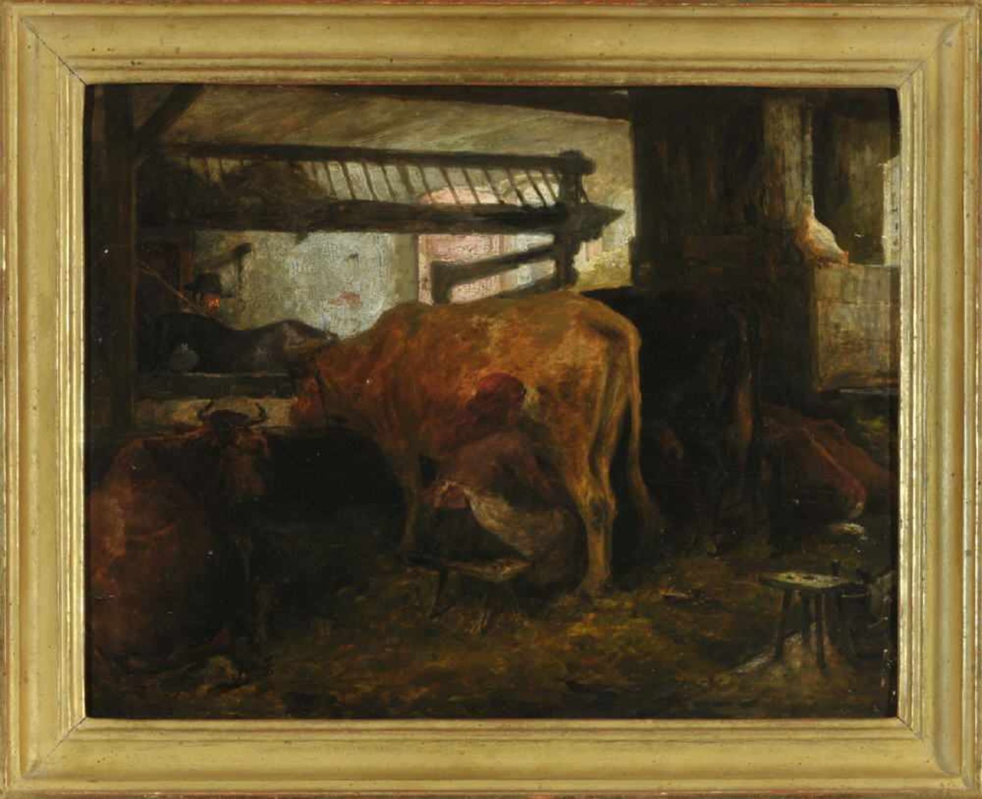 Linde, Hermann, 1863 Lübeck - 1926 ArlesheimÖl/Holz, 27 x 35 cm, " Kuhstall mit melkender Bäuerin ",