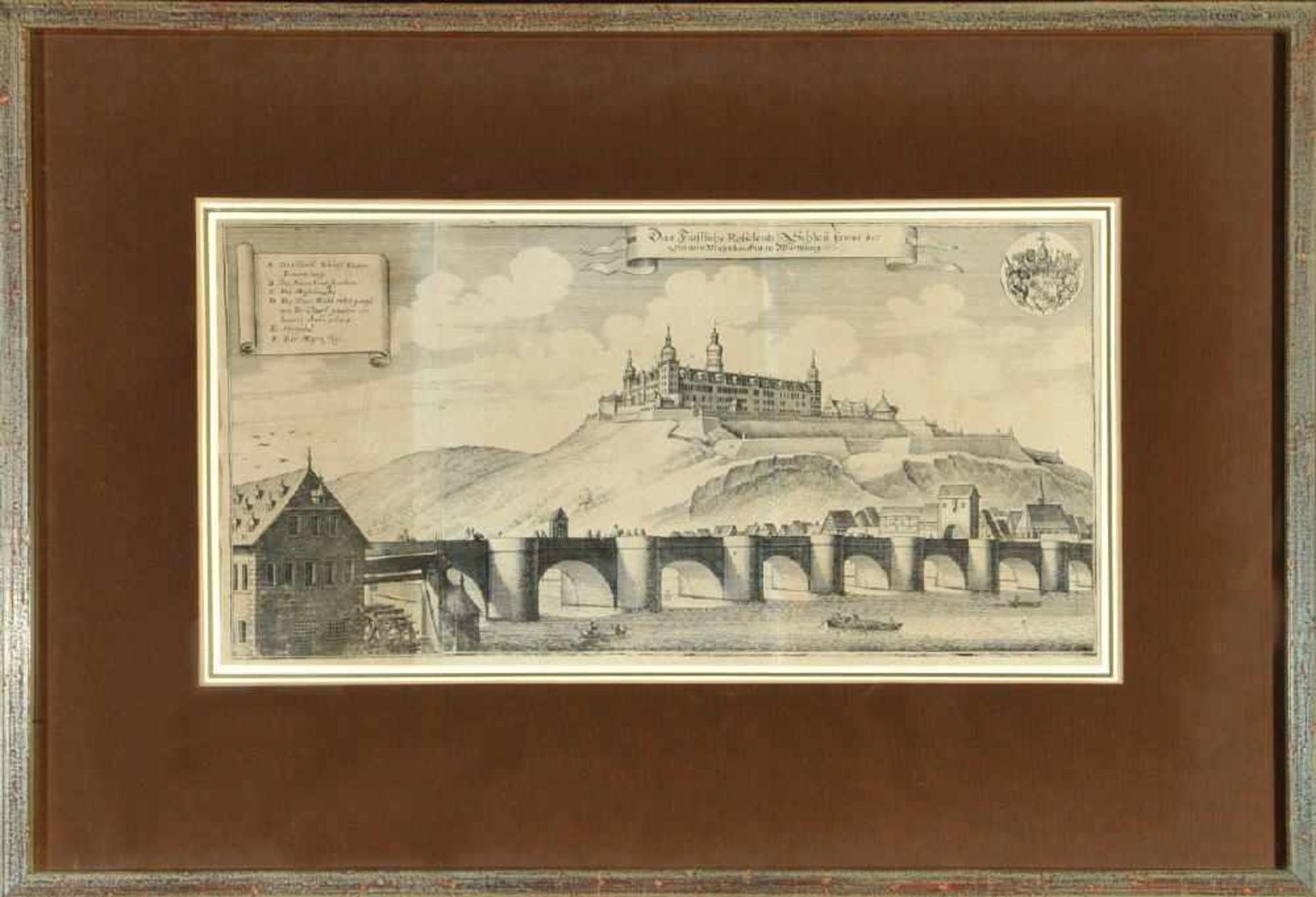 Würzburg, Mainbrücke mit SchlossKupferstich, 21 x 42 cm, von Merian, 17. Jh., leicht gebräunt, R