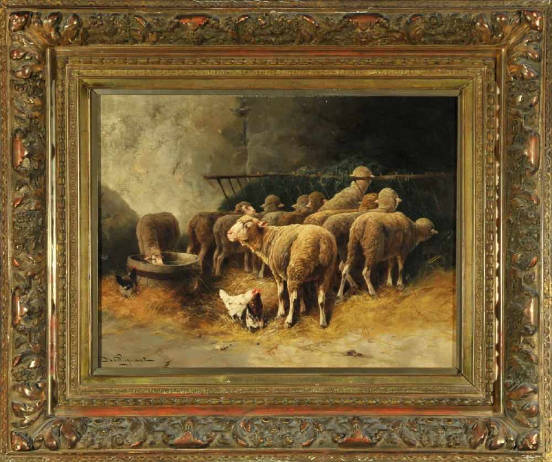 Battiguant, Künstler des 19. Jh.Öl/Lwd, 50 x 65 cm, " Stallinterieur mit Schafen und Hühnern ", u.l.