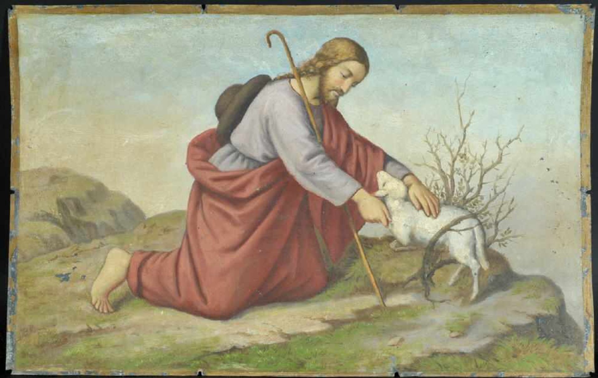 Bildnismaler des 19. Jh.Öl/Metall, 42 x 66 cm, " Jesus als guter Hirte ", Farbfehlstellen, o.R