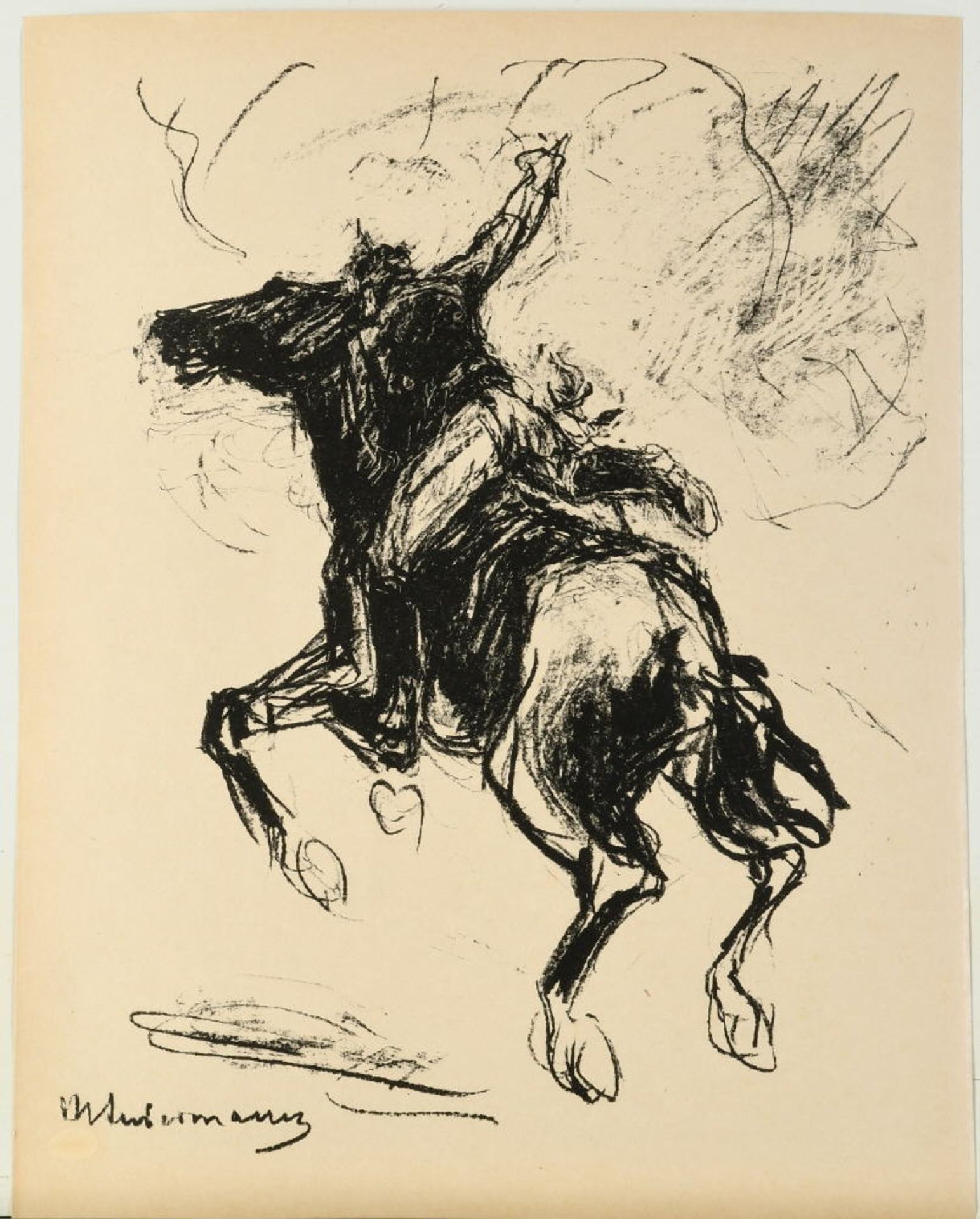 Liebermann, Max, 1847 - 1935 BerlinLithographie, Blatt 32 x 25 cm, " Soldat auf galoppierendem Pferd