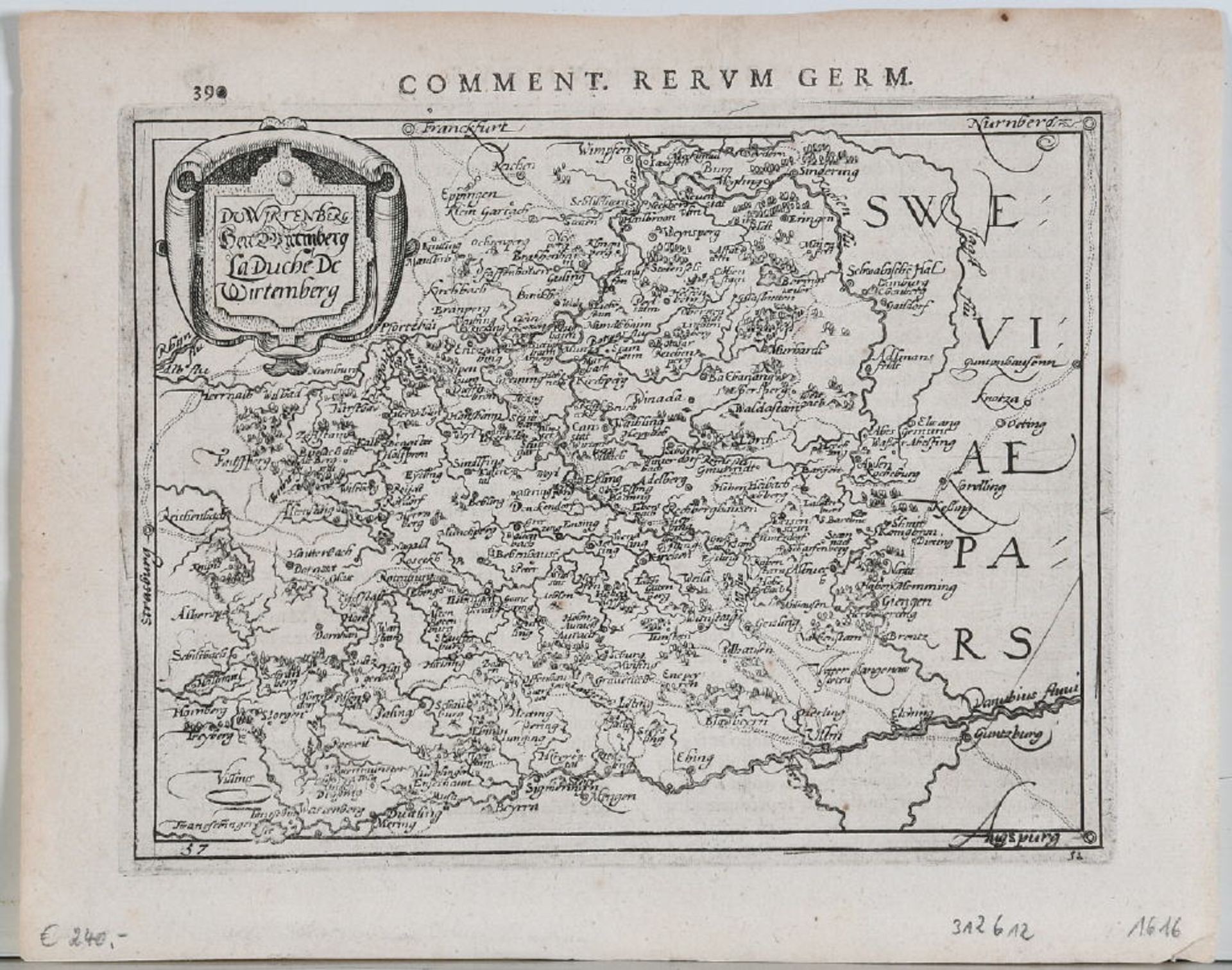 Landkarte "Du Wirtenberg, Hert Wirtmberg, La Duche de..."Kupferstich, 14,5 x 18,5 cm, bei Bertius,