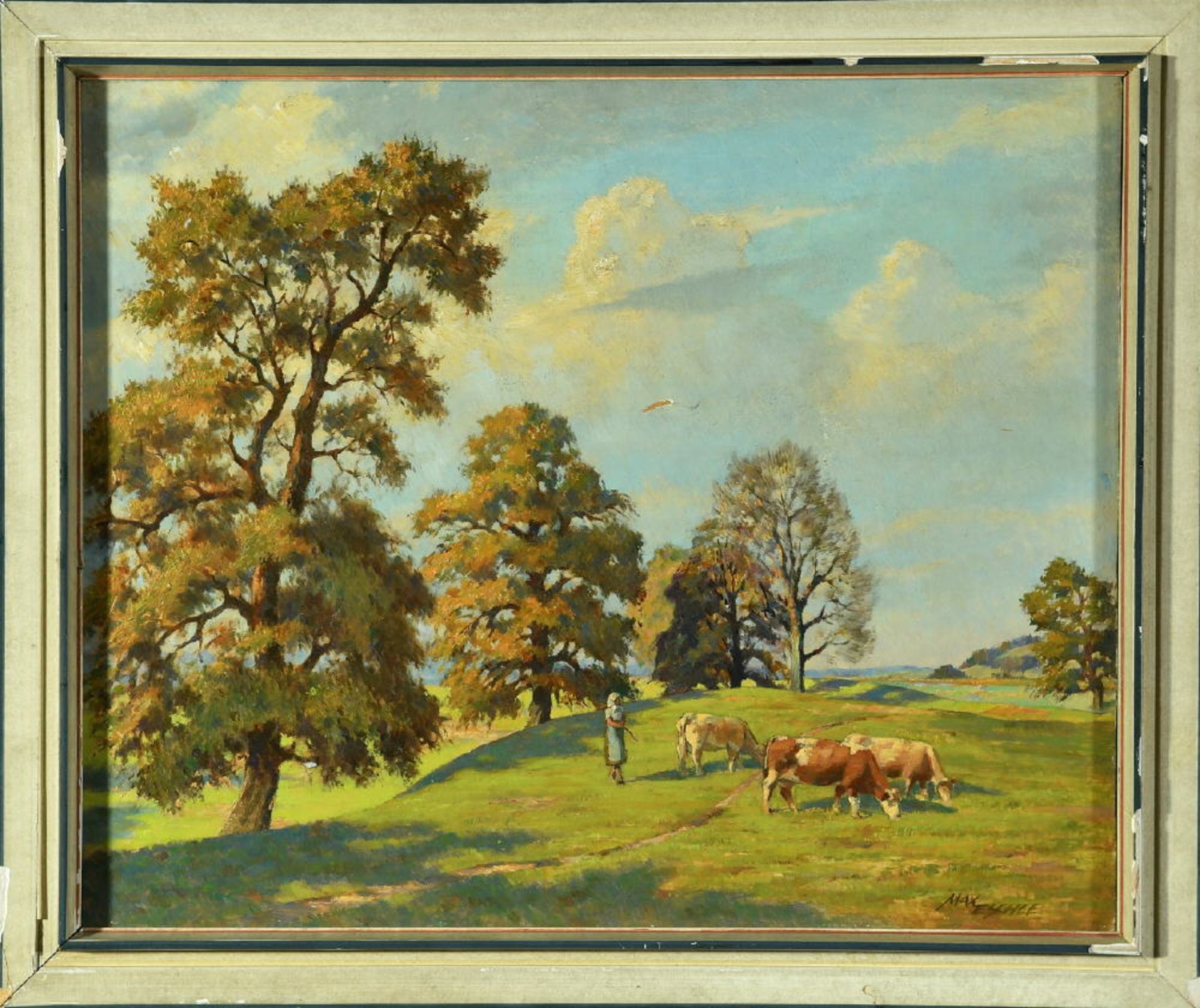 Eschle, Max, 1890 München - 1979 Prien am ChiemseeÖl/Hartfaser, 49,5 x 59 cm, " Hirtin mit Kühen